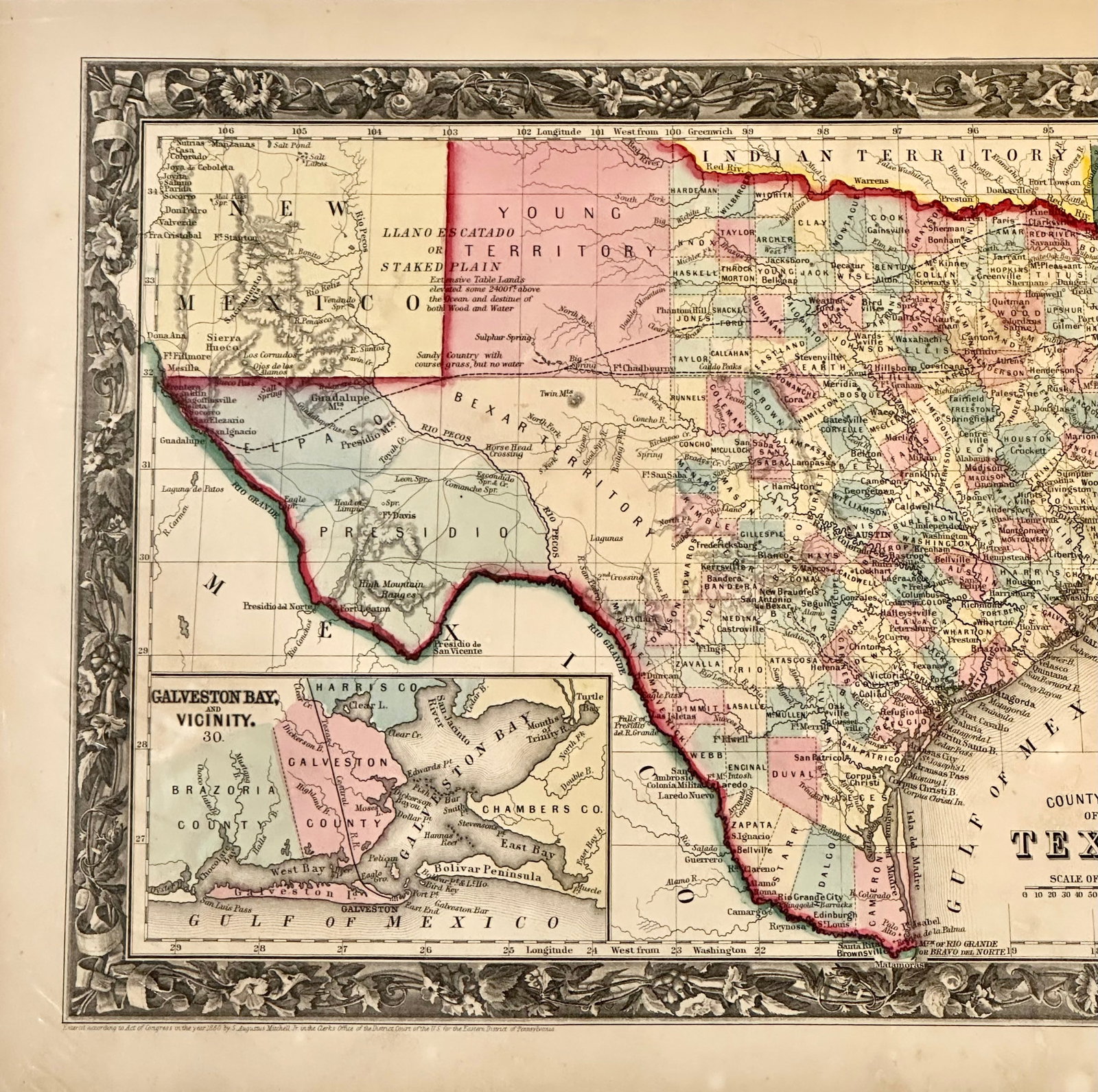 Texas With Galveston Bay, Original Map by Mitchell, Circa 1867 - 3