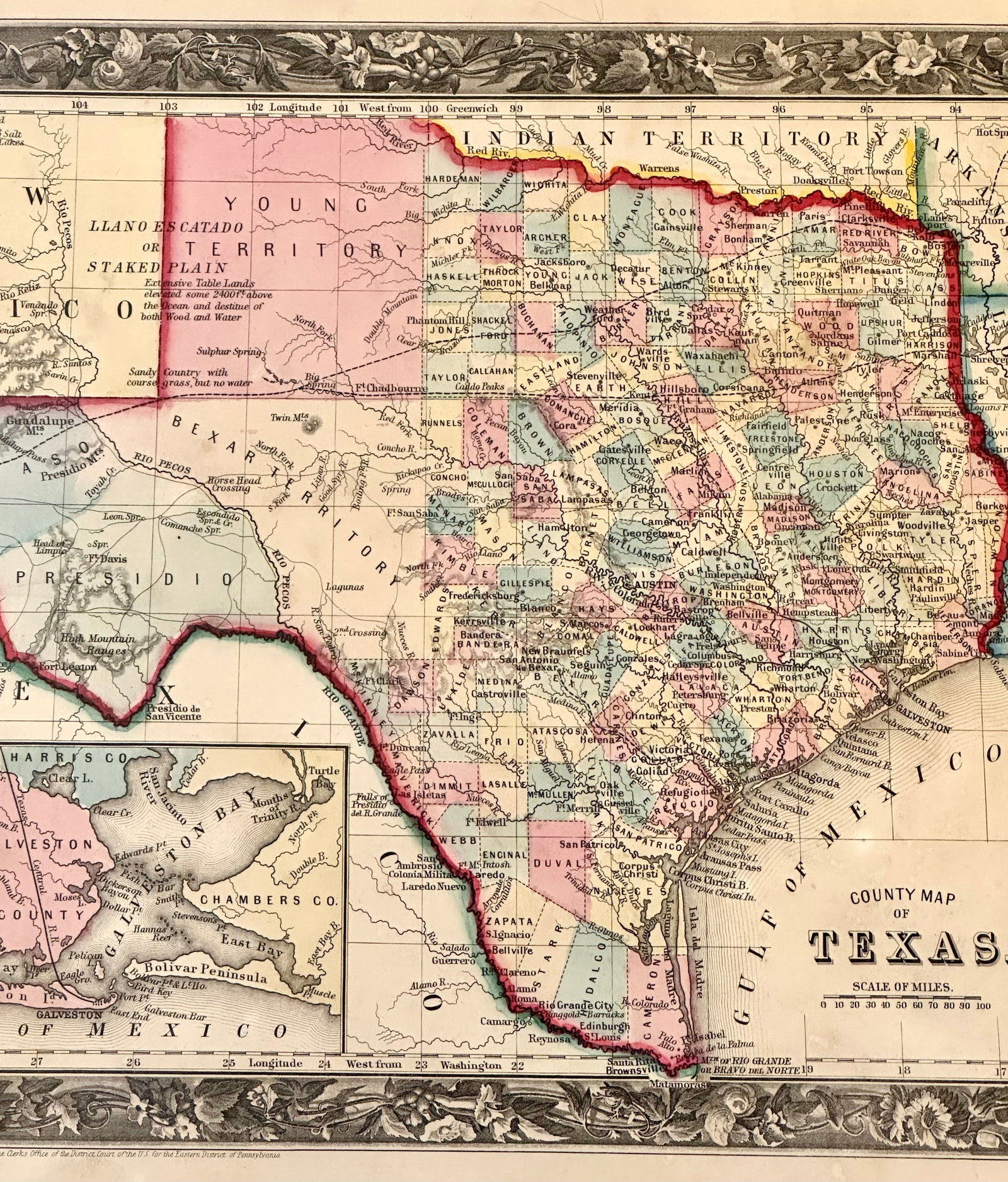 Texas With Galveston Bay, Original Map by Mitchell, Circa 1867 - 4