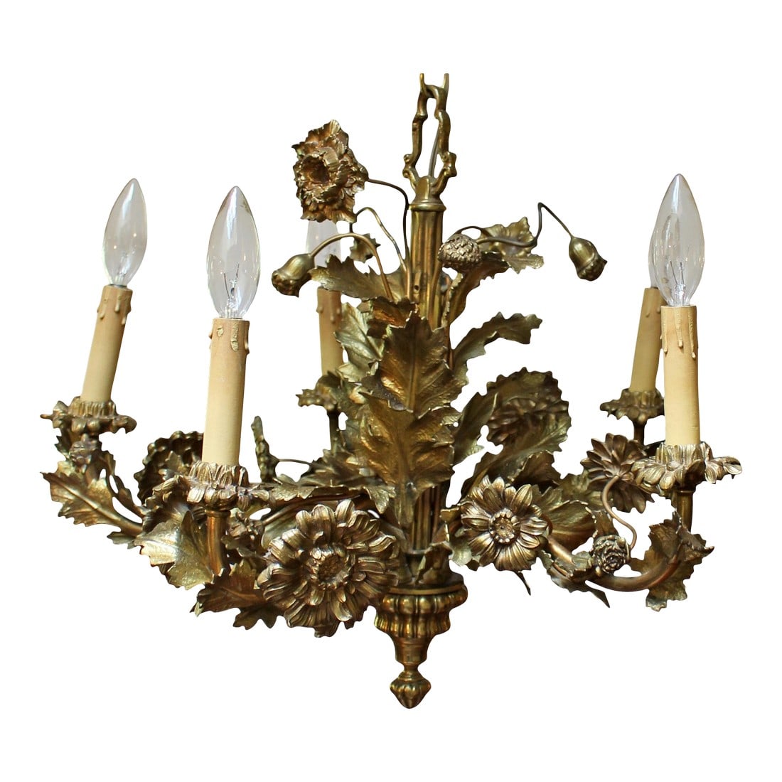 Late 19th-Early 20th Century Bronze French 5-Light Chandelier: Late 19th-early 20th century bronze 5-light chandelier, French. Exuberant Rococo style with a multitude of different flowers bending in different directions and leaf accents. Nice quality later gilt b