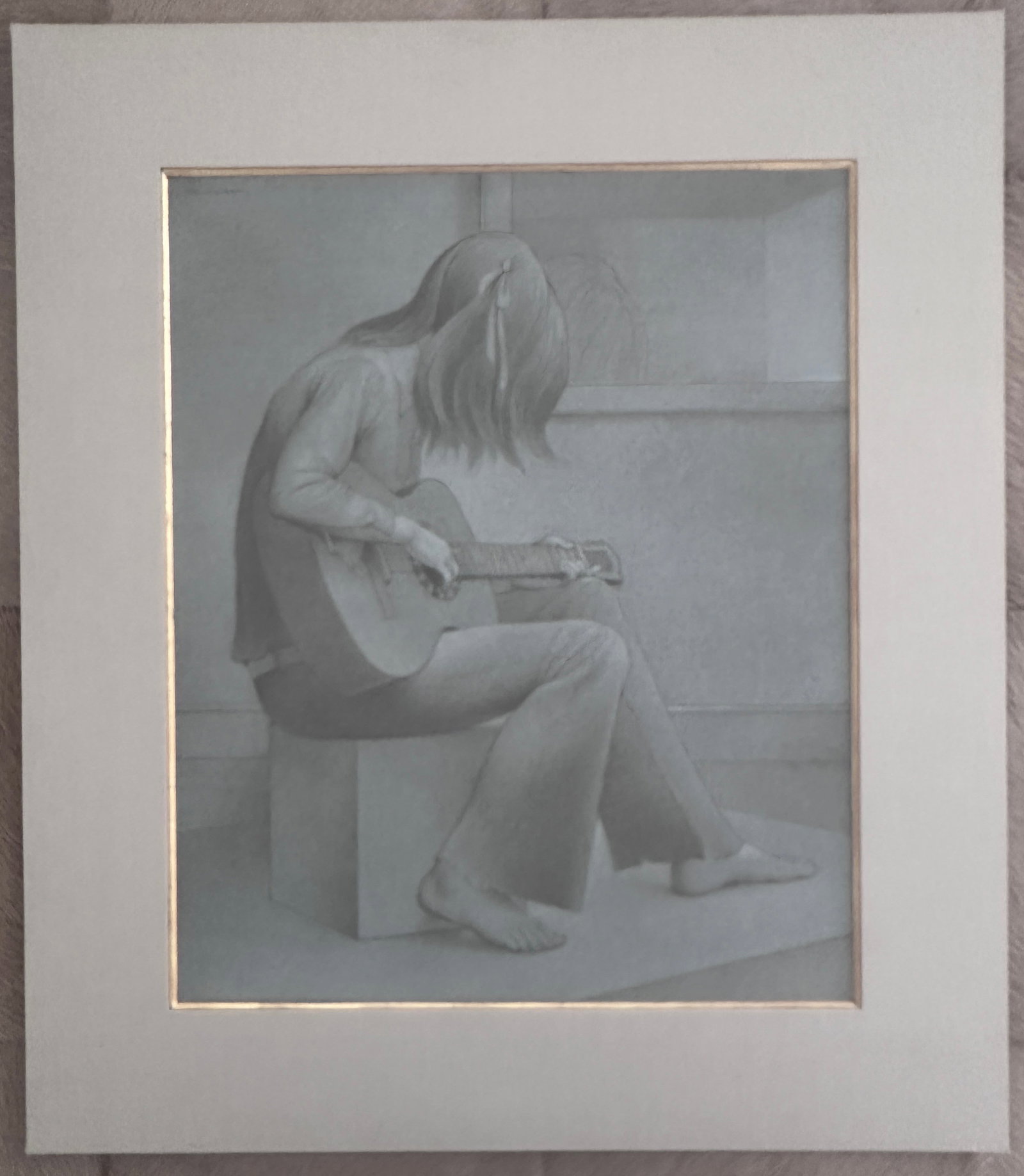 1970s Original Signed Henderson "Study for Guitar" Pencil and White Wash Sketch in Grey Linen and Go - 10