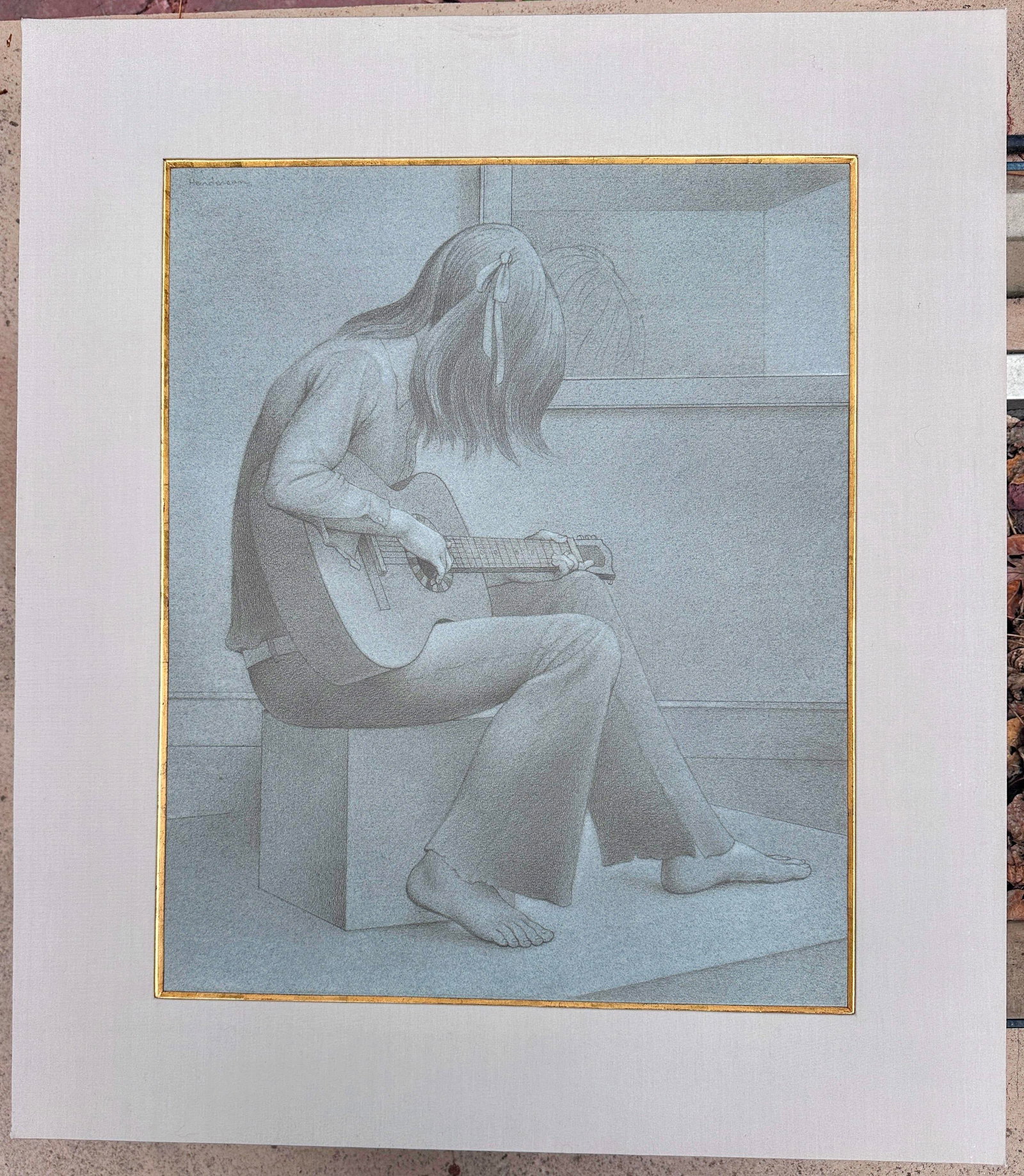1970s Original Signed Henderson "Study for Guitar" Pencil and White Wash Sketch in Grey Linen and Go - 11
