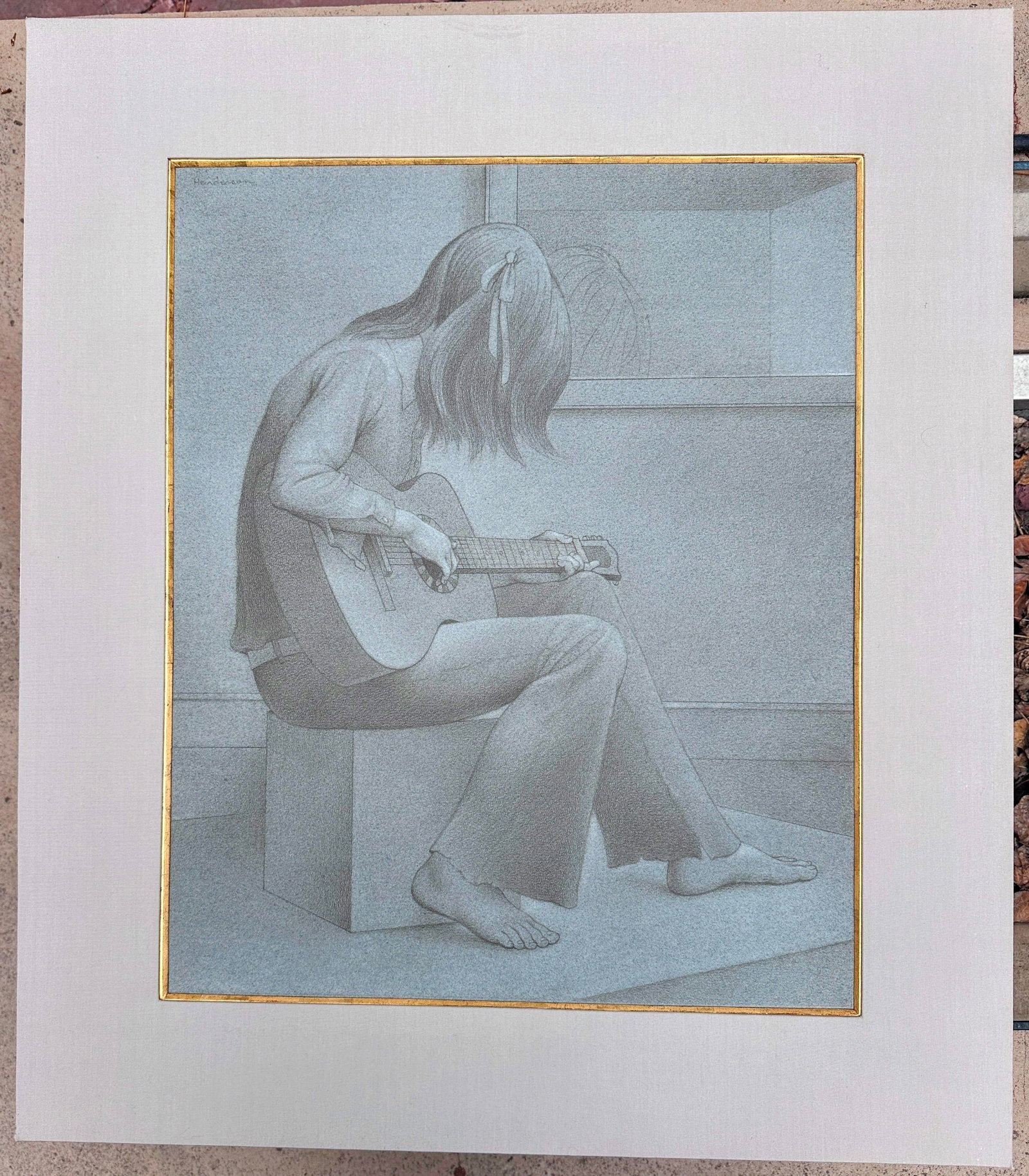 1970s Original Signed Henderson "Study for Guitar" Pencil and White Wash Sketch in Grey Linen and Go - 13