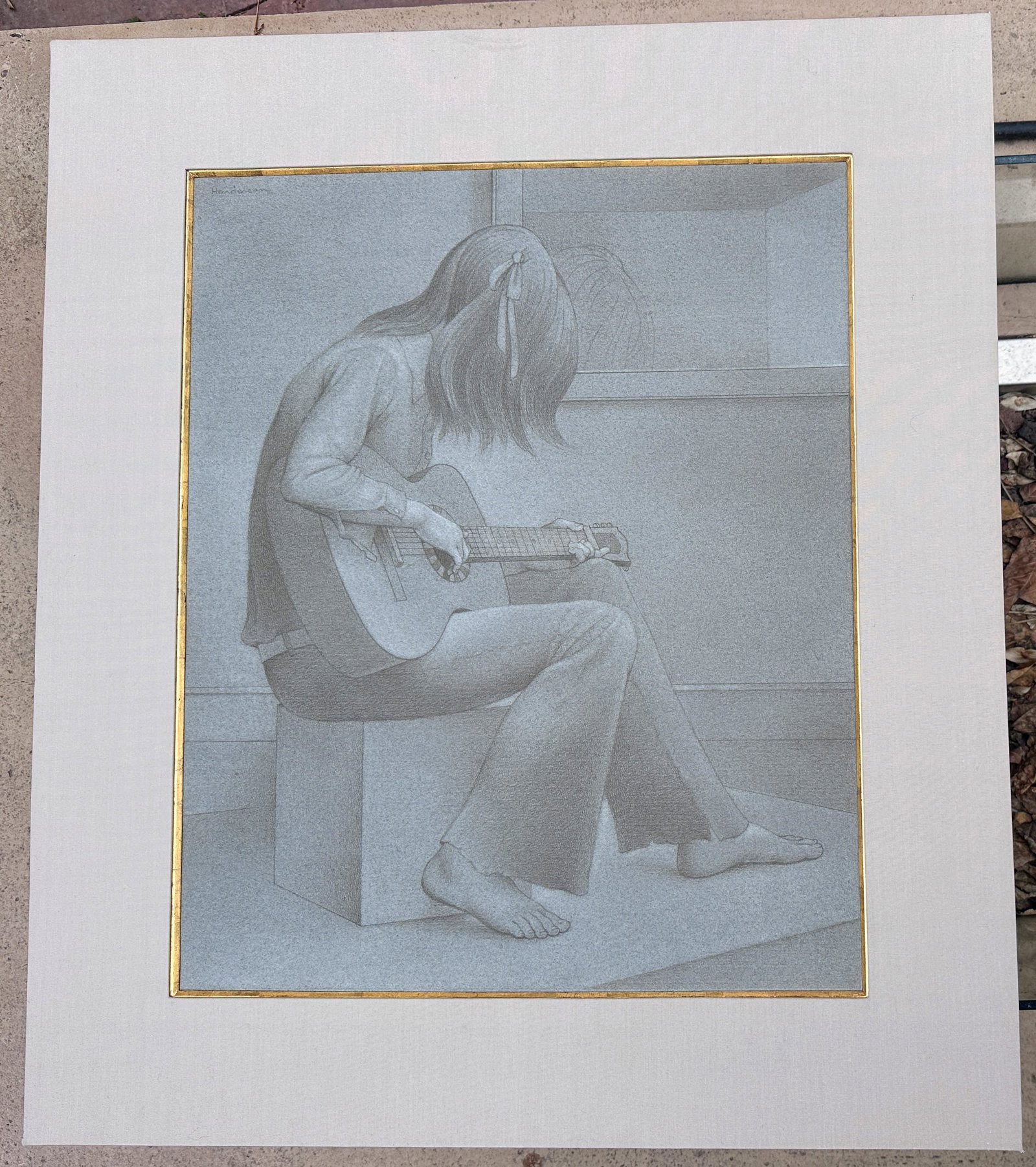 1970s Original Signed Henderson "Study for Guitar" Pencil and White Wash Sketch in Grey Linen and Go - 14