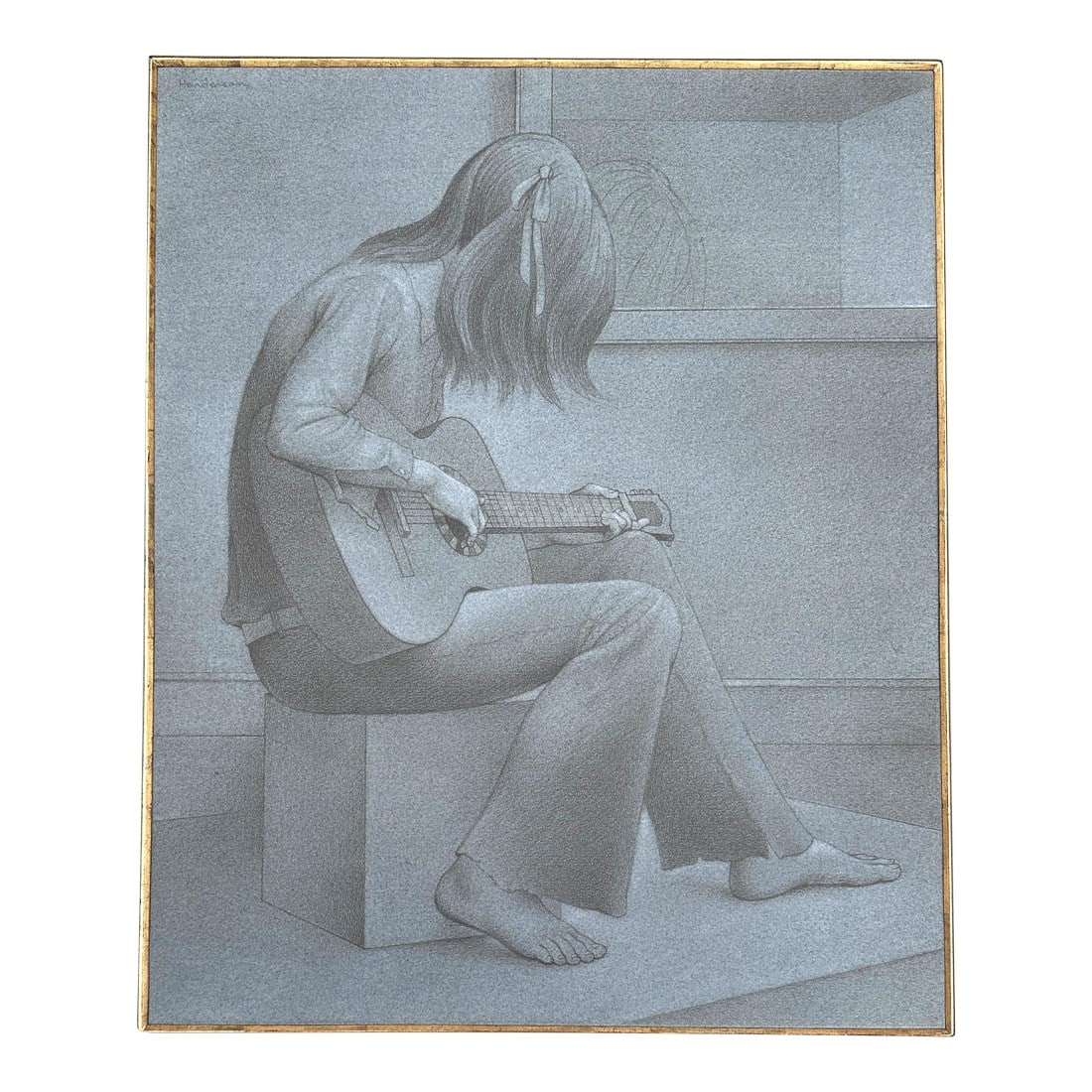 1970s Original Signed Henderson "Study for Guitar" Pencil and White Wash Sketch in Grey Linen and Go: Original Signed Henderson "Study for Guitar" Pencil and White Wash Sketch in Grey Linen and Gold Matting. Pencil and white wash highlights on grey/blue paper, 1976-78, signed Henderson upper left. Dim
