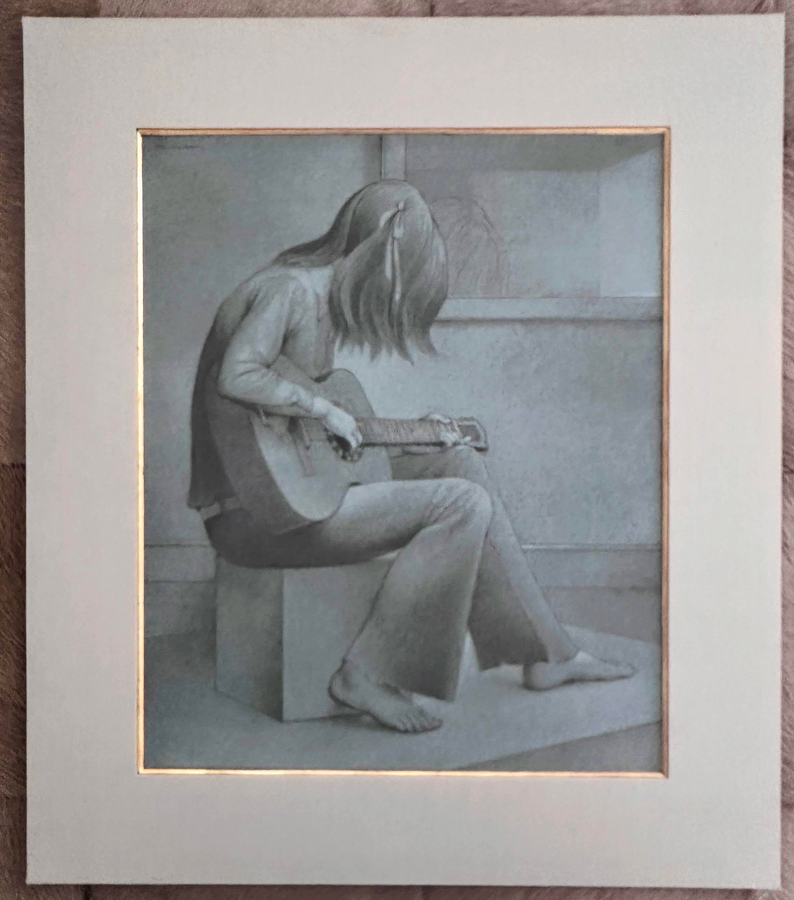 1970s Original Signed Henderson "Study for Guitar" Pencil and White Wash Sketch in Grey Linen and Go - 2