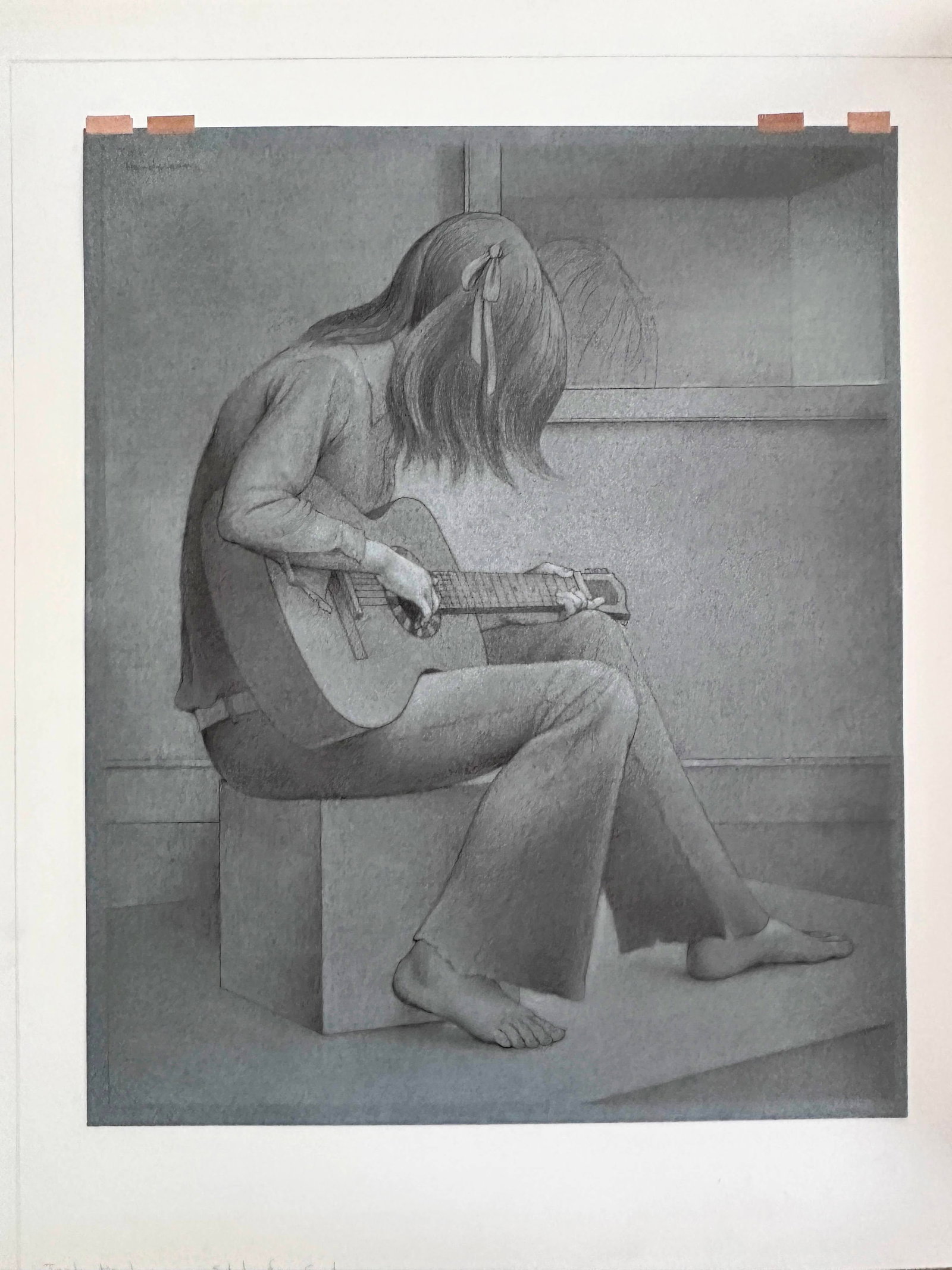 1970s Original Signed Henderson "Study for Guitar" Pencil and White Wash Sketch in Grey Linen and Go - 3
