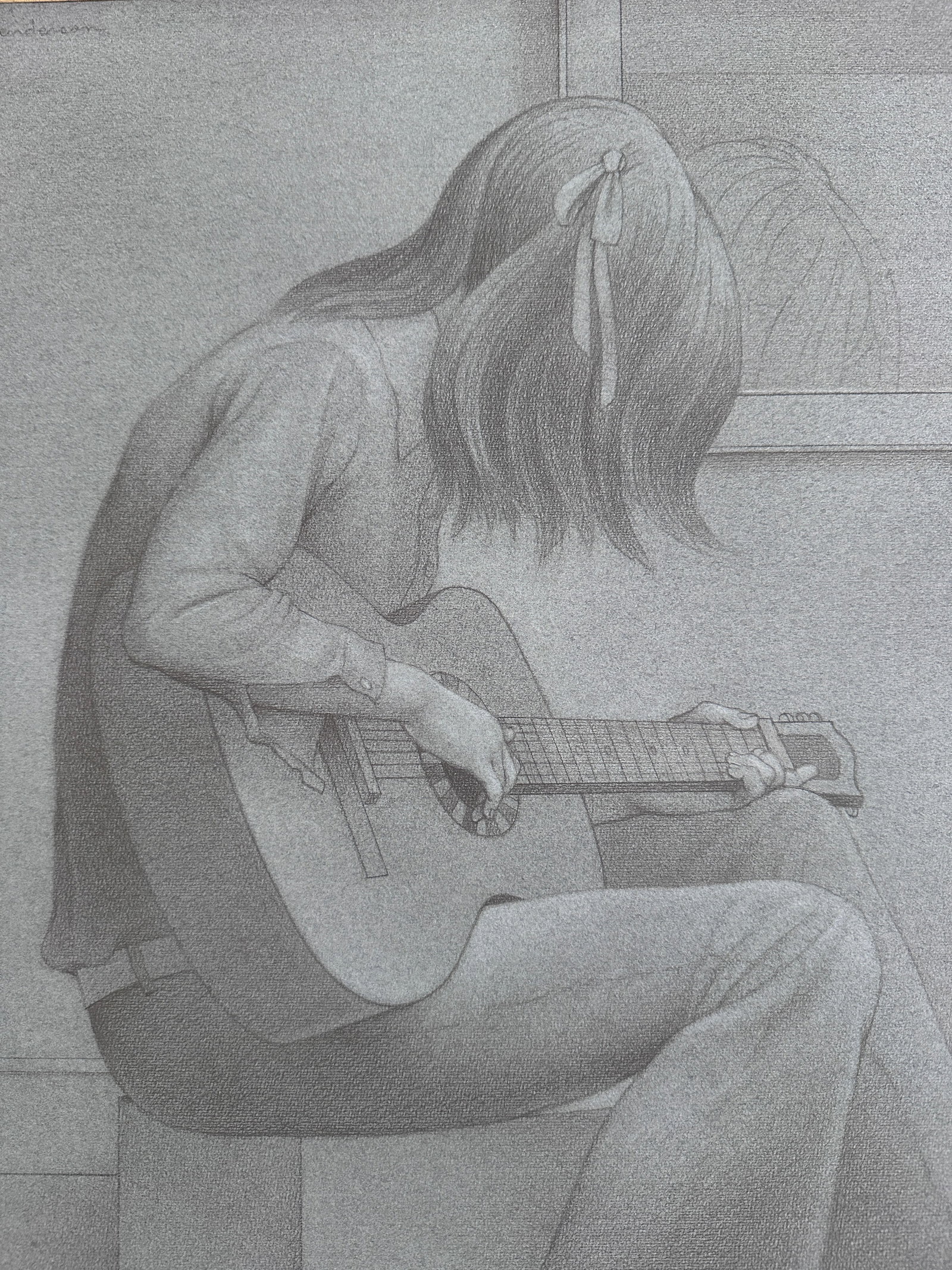 1970s Original Signed Henderson "Study for Guitar" Pencil and White Wash Sketch in Grey Linen and Go - 4