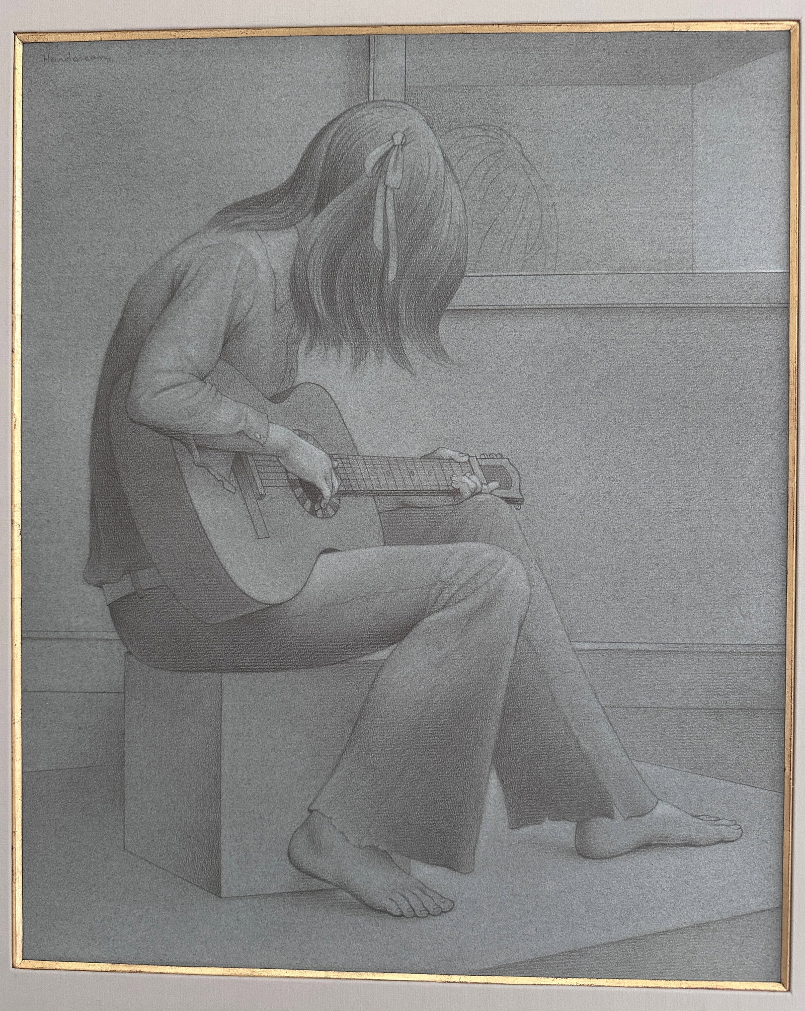 1970s Original Signed Henderson "Study for Guitar" Pencil and White Wash Sketch in Grey Linen and Go - 6