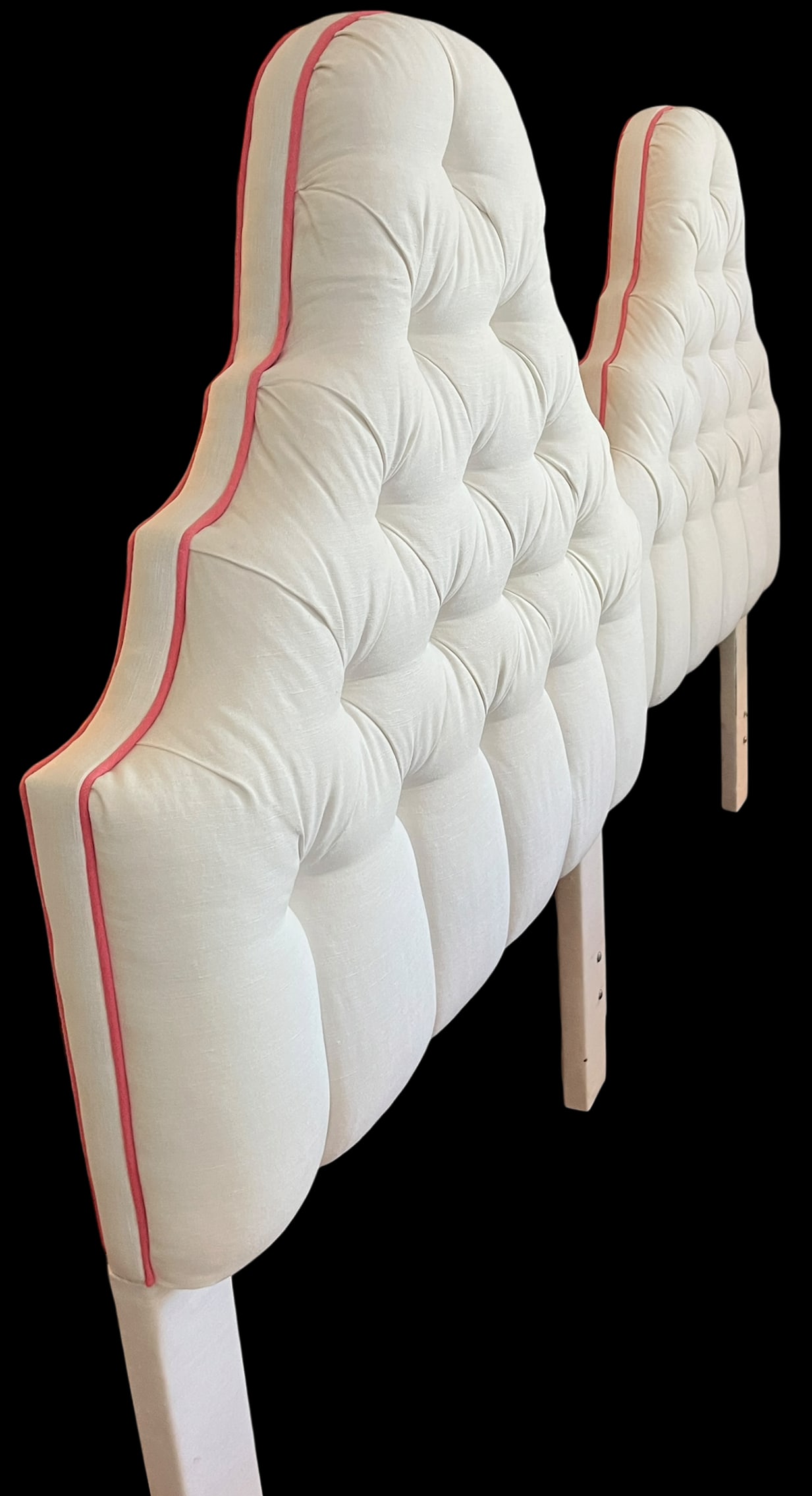 Custom Upholstered Twin Headboards in Ivory Canvas With Pink Contrast Welt Scalloped Silhouette Coas - 2