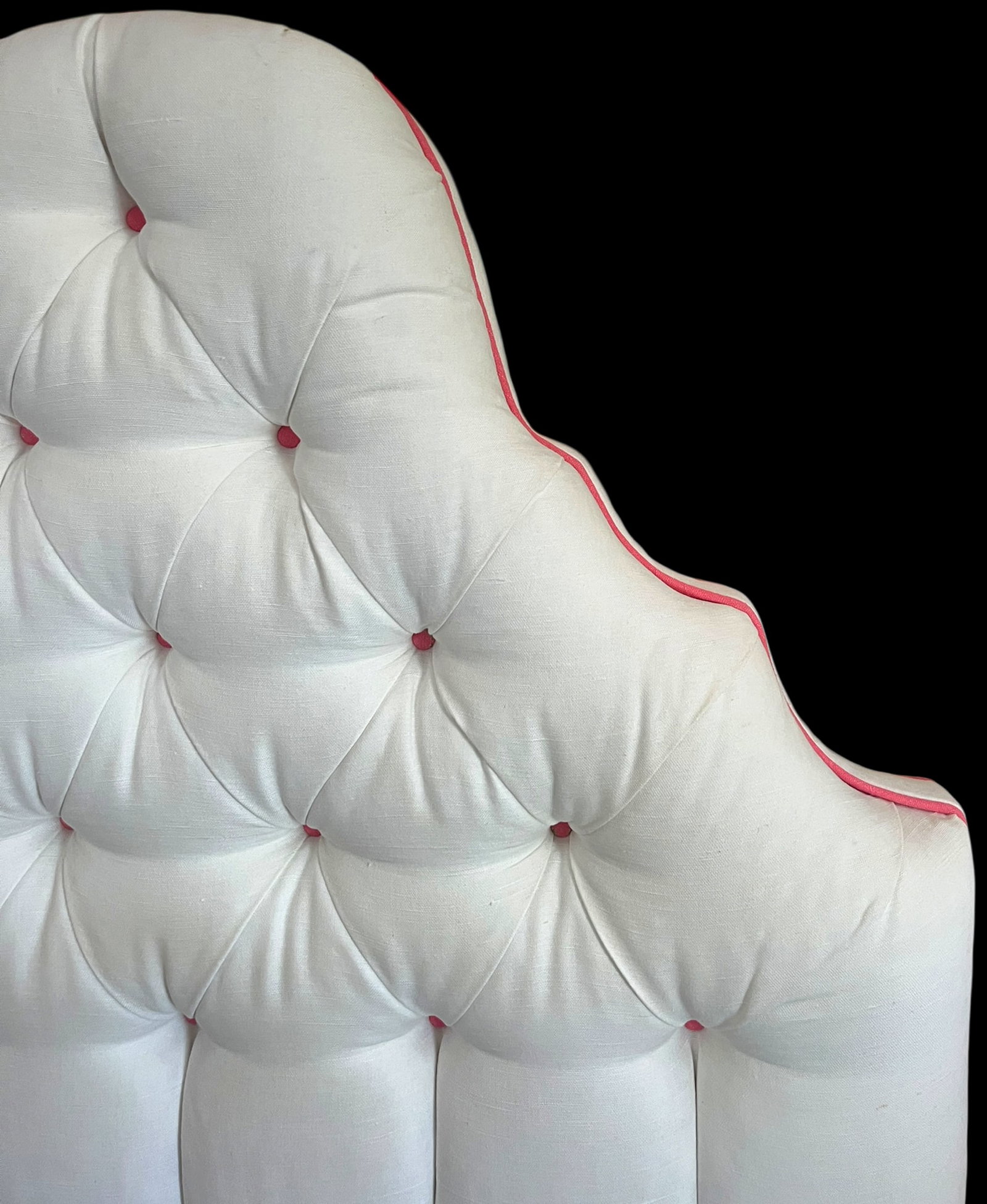 Custom Upholstered Twin Headboards in Ivory Canvas With Pink Contrast Welt Scalloped Silhouette Coas - 5