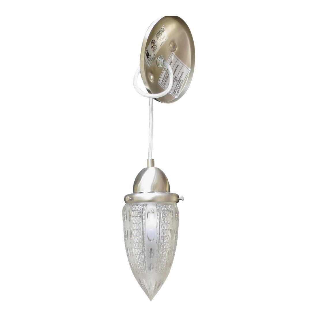 Antique Cut Crystal Pendant Light Circa 1910: Antique cut-crystal pendant shade with a modern satin nickel electrical mount. Beautifully cut pattern in a pointed dome pendant shade. Modern Edison chandelier mount with 4 feet of cord and satin nic
