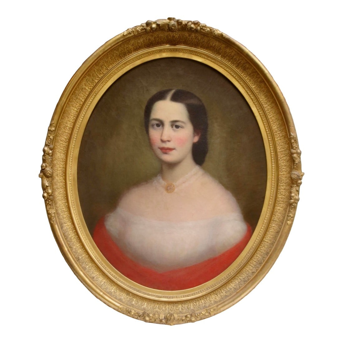 Mid-19th Century Ladies Portrait in Period Frame: Beautifully painted mid-19th-century portrait of a young lady in a soft period fashion. Calm and composed sitter with an off-the-shoulder dress and choker necklace. Delicate painting of a very pretty