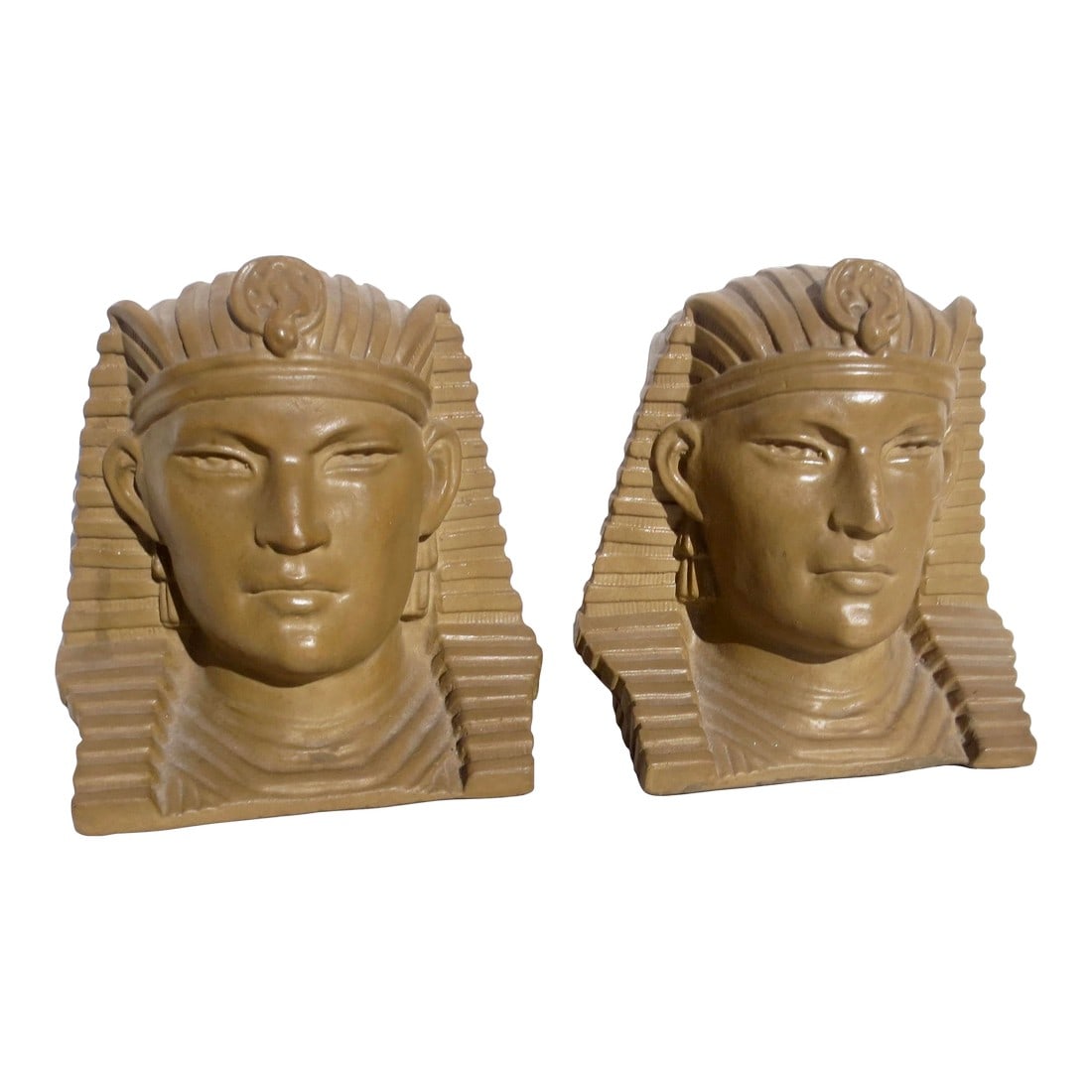Vintage Egyptian Revival Pharaoh Bookends - A Pair of 2: Egyptian revival Pharaohs from the mid-20th century, cast in concrete and coated with a limestone finish to create a very weighty set of Bookends or shelf ornaments. Very heavy, solid cast heads with