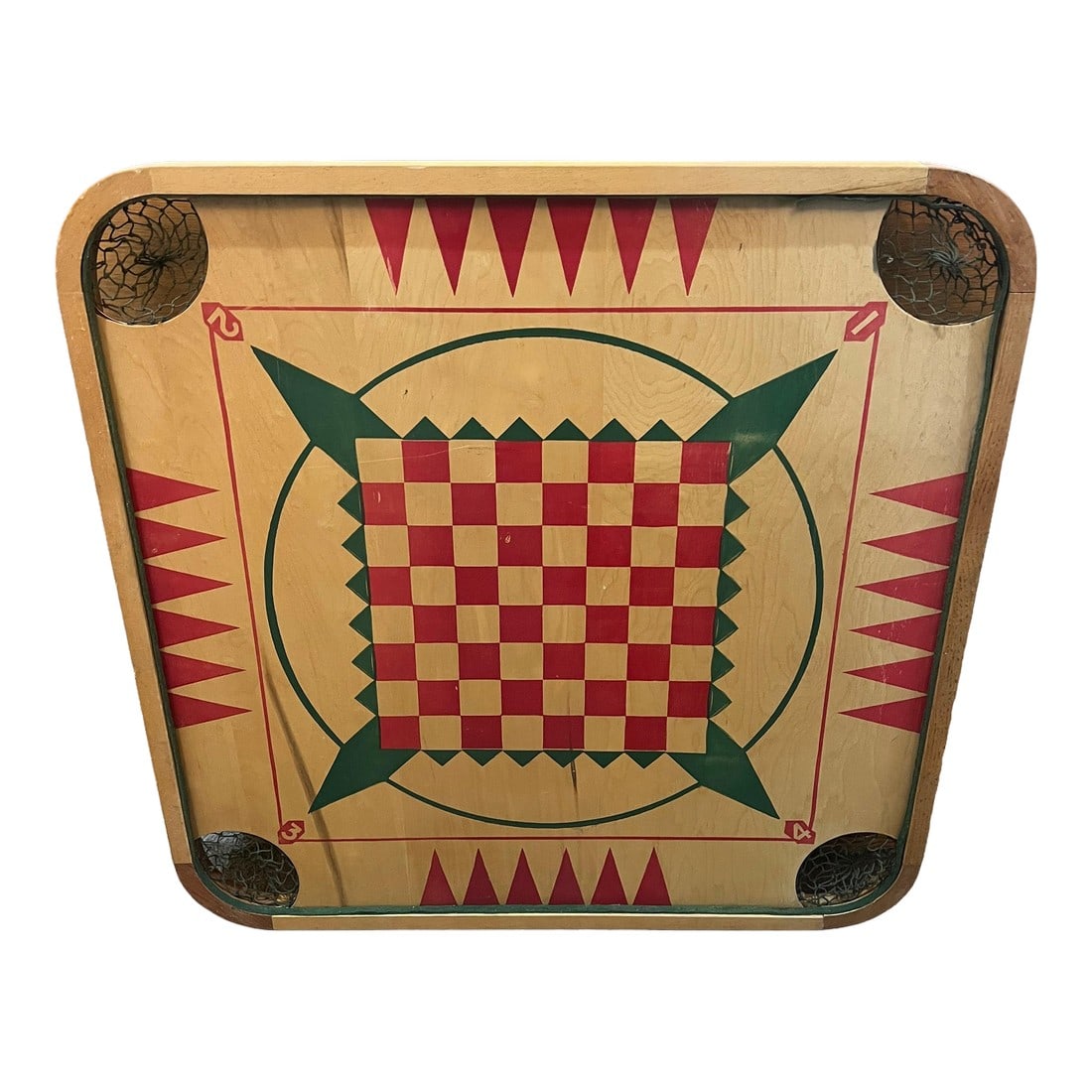 1960s Carrom Game Board by Merdel Game Manufacturing Co Mid Century Wall Decor: Carrom game board, likely produced in the mid-20th century by the Merdel Game Manufacturing Co In vintage condition, please see pictures. One peg is missing off the backside. This is great for a wall