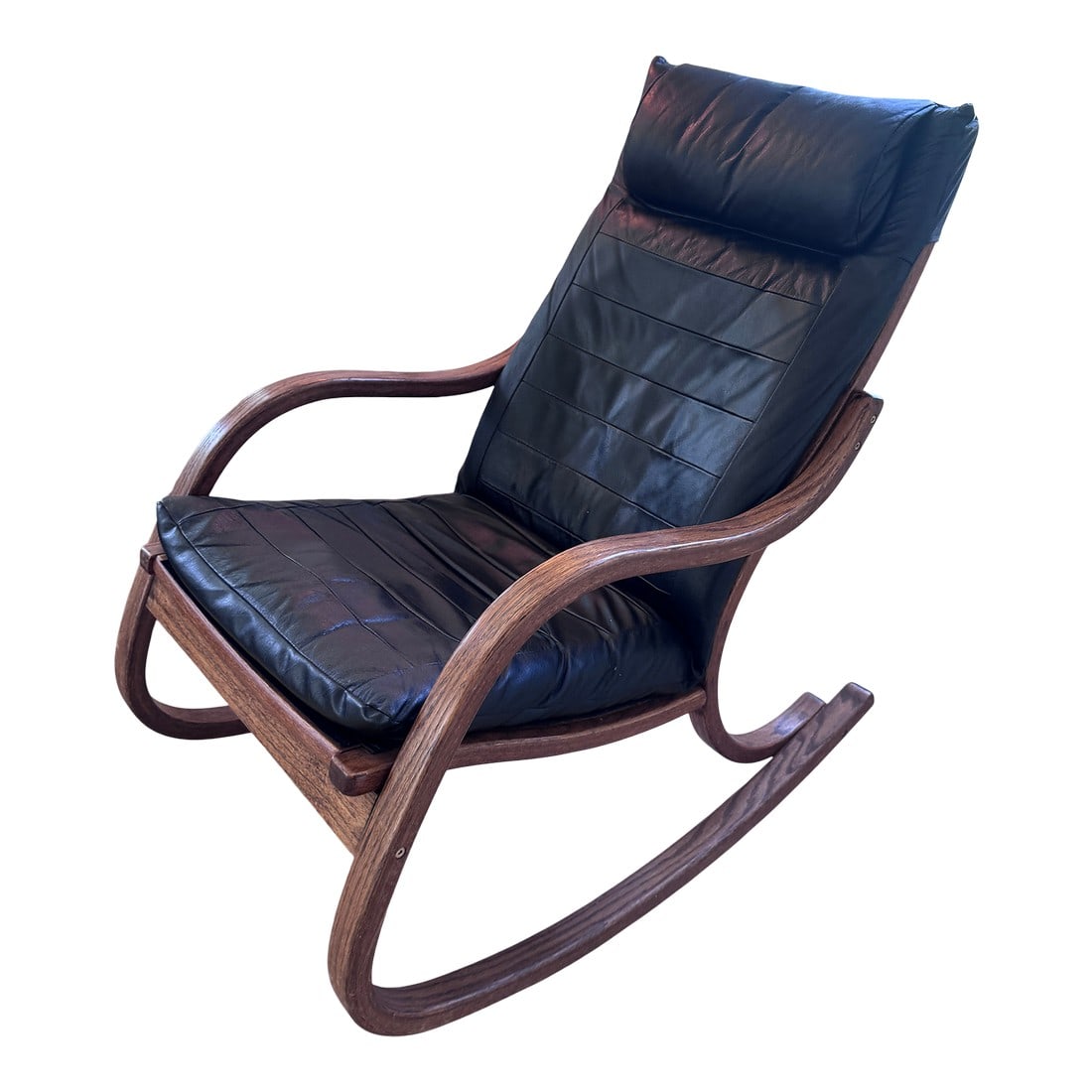 1970s Mid-Century Modern Rocker With Wood Base and Leather Seat: Mid-century modern vintage rocking chair with sculpted bentwood frame and black padded leather seat and headrest. Scandinavian-inspired lines, roomy low profile, and comfortable contoured support.