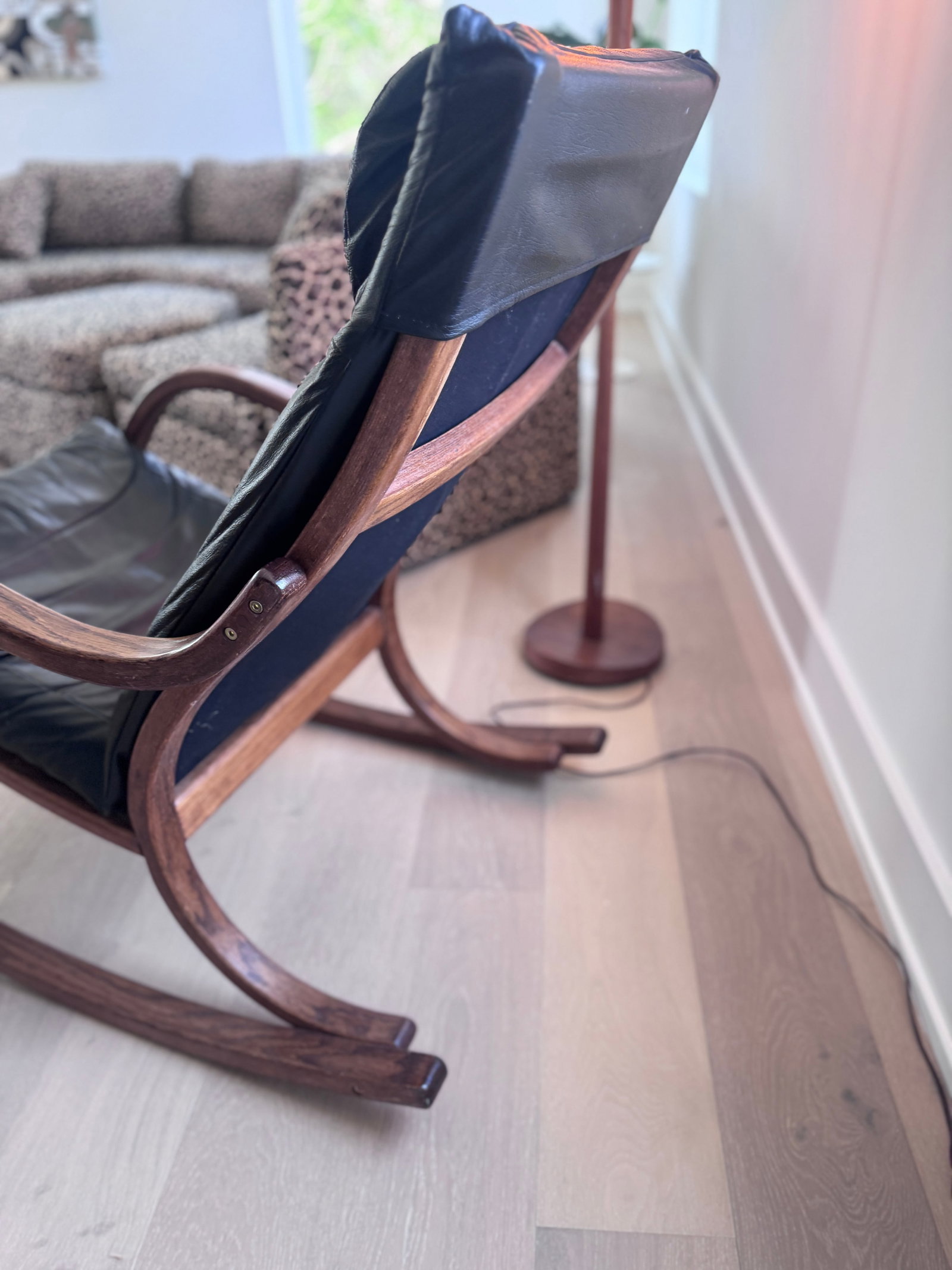 1970s Mid-Century Modern Rocker With Wood Base and Leather Seat - 2