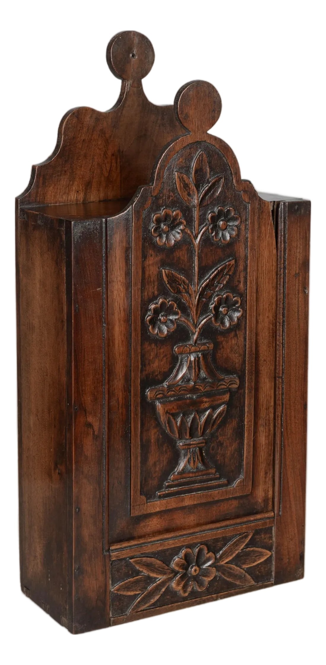 19th Century French Provencal Decorative Box or Fariniere: A 19th century French fariniere, made of walnut with nicely detailed hand-carved floral relief on front panel. Good craftsmanship with dovetailed construction. Waxed patina. From Provence, a fariniere
