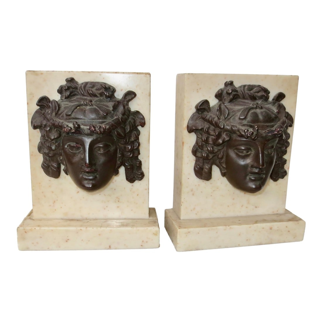 Roman Bronze British Museum Head of Bacchus Circa 1970s' - A Pair of 2: Vintage British Museum Bookends by Alva Stone Replica. Neo-classical revival.The sculptural face of a Dionysus is center-mounted on a resin stone back and base. The face is classic Roman with a
