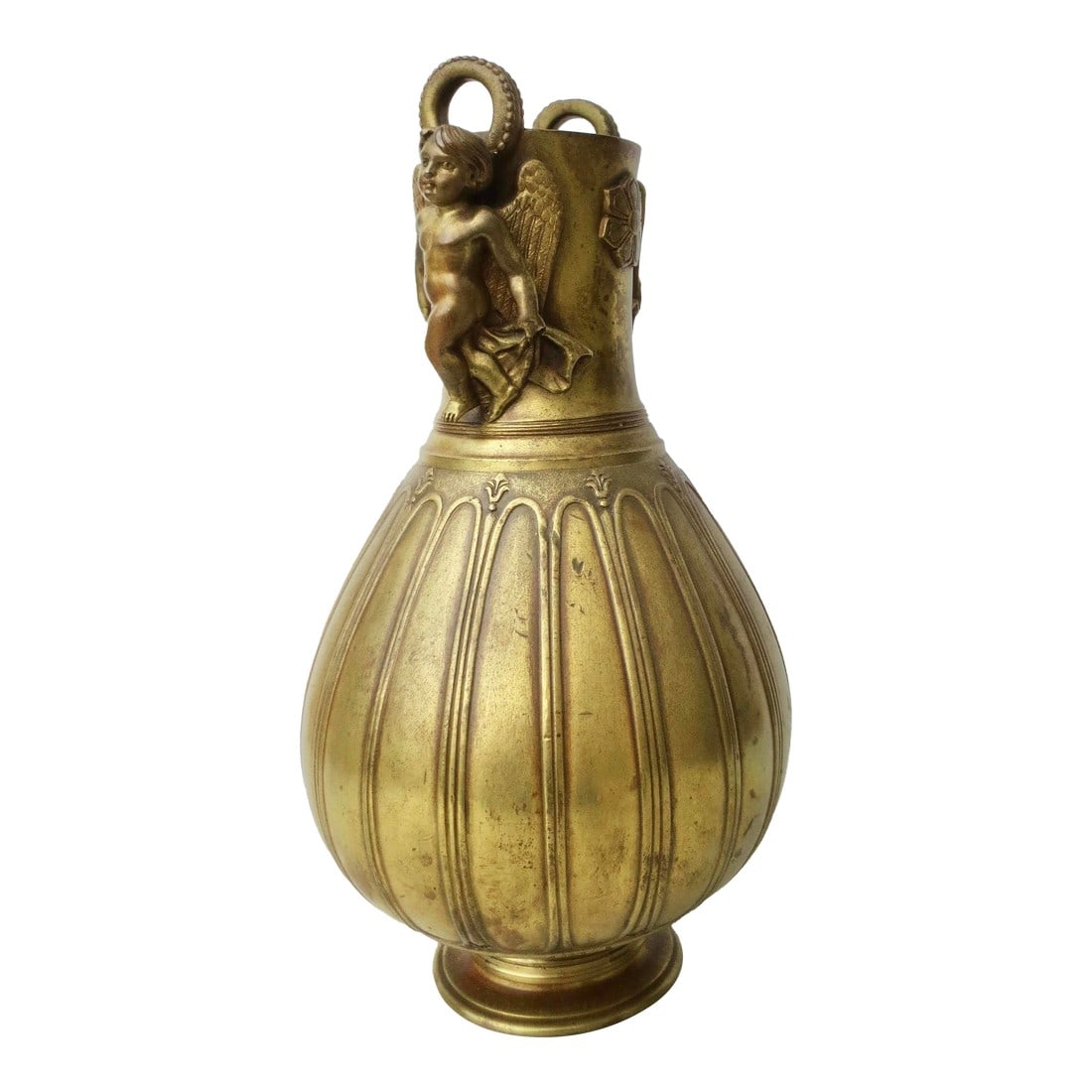 Grand Tour Bronze Vessel With Double Eros Late 19th: Antique grand tour vessel with two Eros figures mounted on the neck with double halo loops to hang. The walls are covered in lobed ribs with palmette finishes. The Eros figures are fully modeled with 