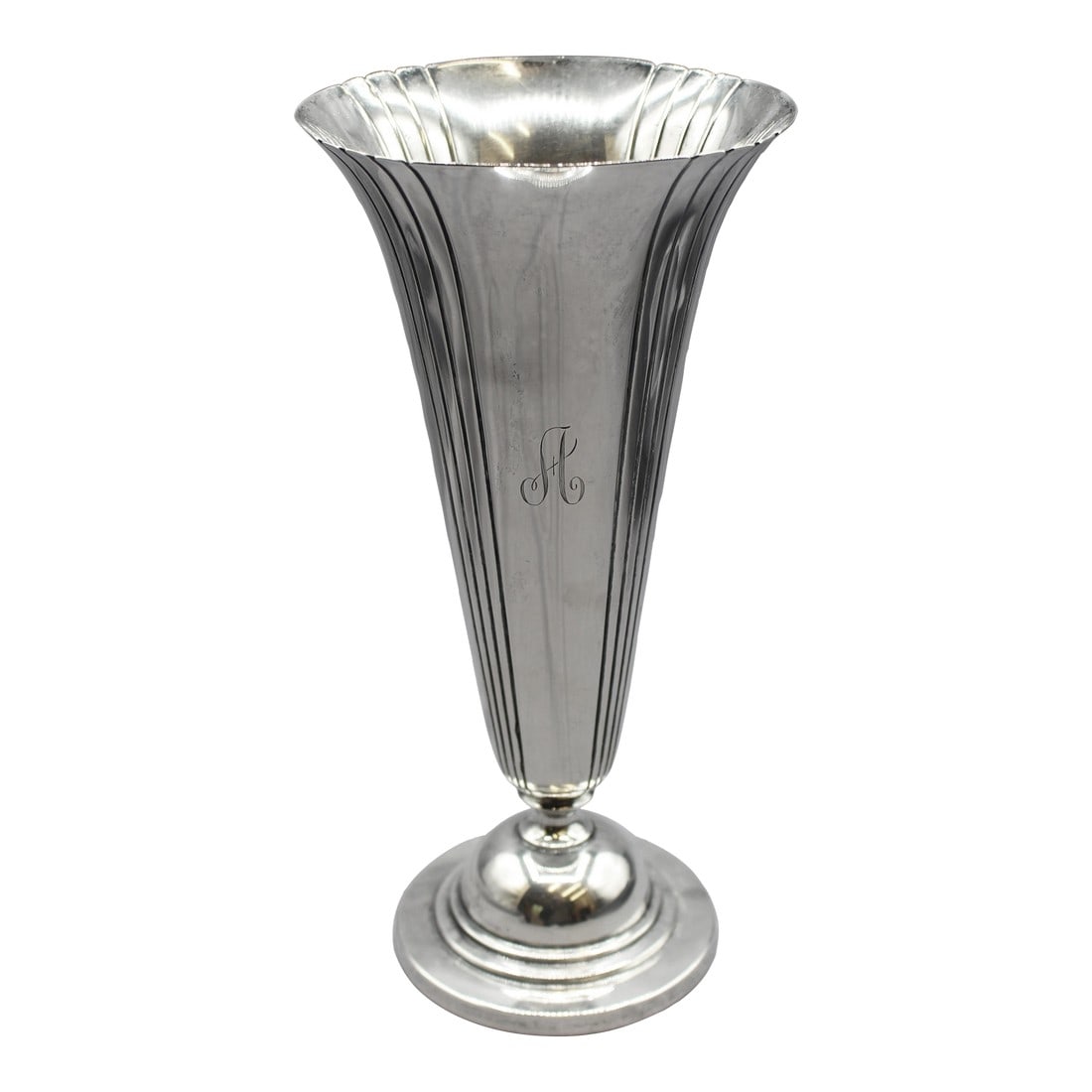 Art Deco Period Sterling Silver Rose Vase by the Watson Company: Art Deco period sterling silver rose vase, The Watson Company. Post-1910 marks. Flared body panelled & ribbed. Stepped, weighted base. Small base dent. 18.55 troy oz. with weighting. Monogram "A". 10
