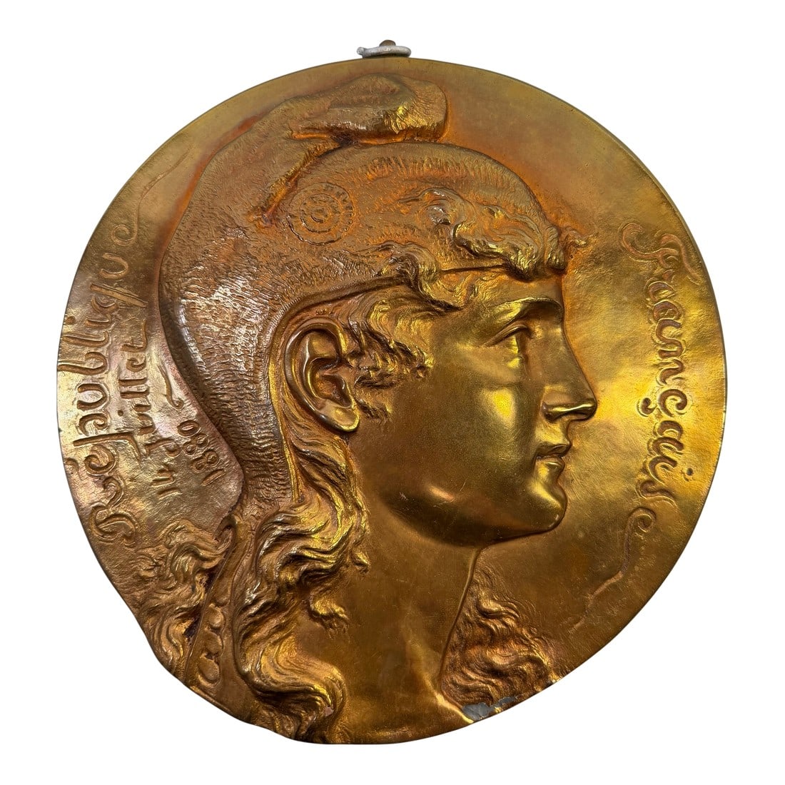Antique French Bronze Marianne Plaque Jules Graux Fondeur 1880 République 12": Rare and museum-quality antique French bronze relief wall plaque commemorating one of the most significant dates in French republican history "” 14 Juillet 1880, the date Bastille Day was offici