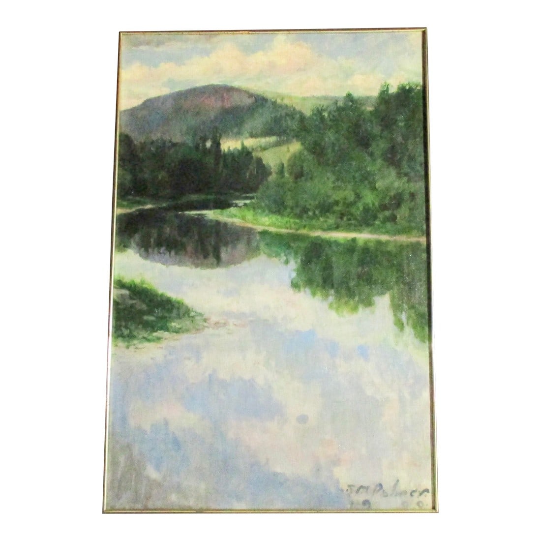 J M Palmer 1900 Landscape Arts and Crafts Oil Painting Dated 1900: A large sky reflected in a long view of the river as it approaches the hills and moves through a valley. Forests move up the hills and move into a deep landscape view. Beautifully handled greens and