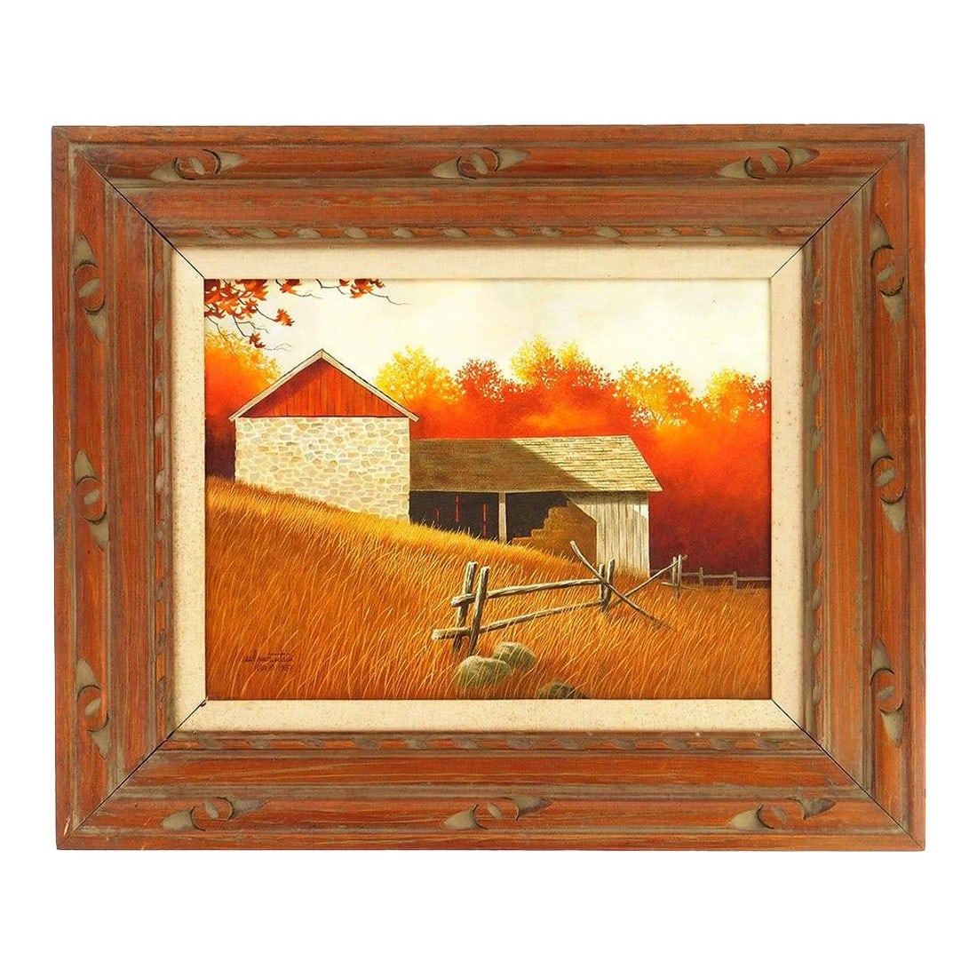 1980s Original Signed Sid Mountain 'October' Oil Painting, Framed: Original Signed Sid Mountain 'October' Oil Painting, Framed. Sid Mountain (American, active late 20th century), signed original oil paintings depicting nostalgic rural barn landscapes. Executed in a