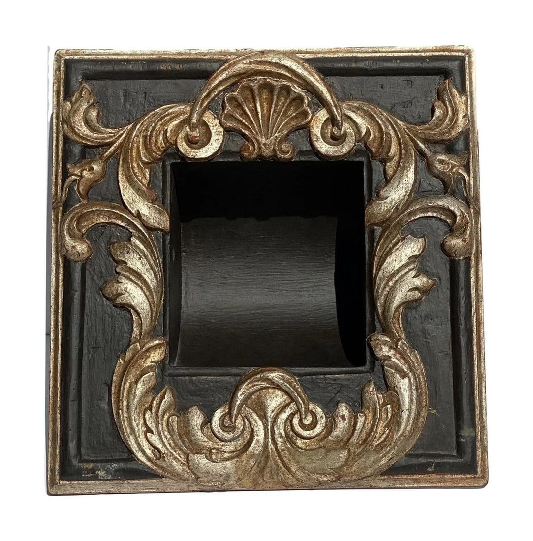 Italian Baroque Style Bathroom Holder in "Bartolo" Ebony and Silver Parcel-Gilt by Judson Rothschild: Created for The Rothschild Collection - "Bartolo" 2006 Â© - In the Italian Baroque Style, this Paper Holder is manufactured out of American Alder. The square frame with moulded edge carved