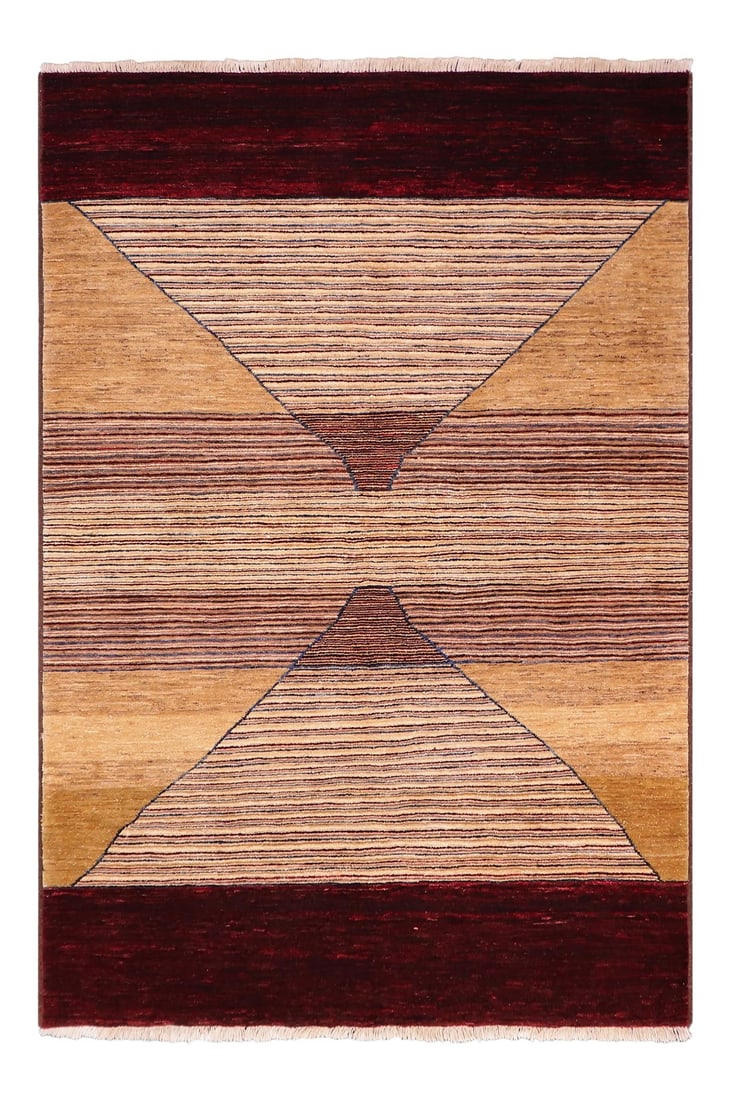 1990s Boho Chic Gabbeh Red/Brown Wool Rug - 4'11" X 7'1": With strict standards of craftsmanship and quality of materials used this modern inspired hand-knotted Gabbeh rug is a unique piece of world art. A fashionable handmade rug crafted by skilled artisans