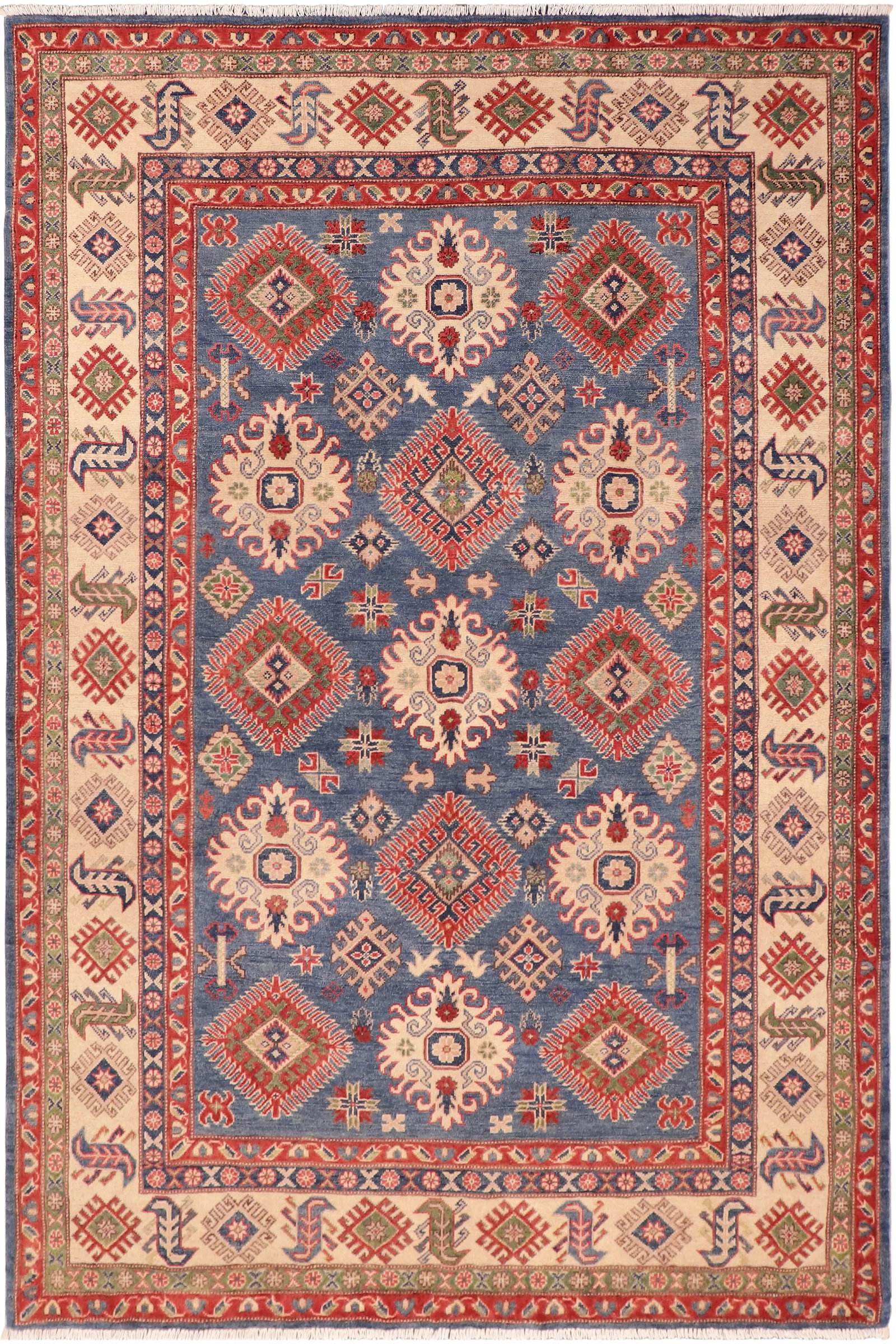 1990s 1990s Vintage Rustic Kazak Blue/Ivory Wool Rug - 6'0" X 8'8" - 10
