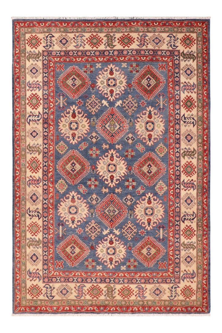 1990s 1990s Vintage Rustic Kazak Blue/Ivory Wool Rug - 6'0" X 8'8": Embellish your home with this exquisitely hand-knotted super Kazak Rug made with the finest hand-spun wool and all vegetable dyes. Demonstrating incredible attention to detail, this hand-knotted maste