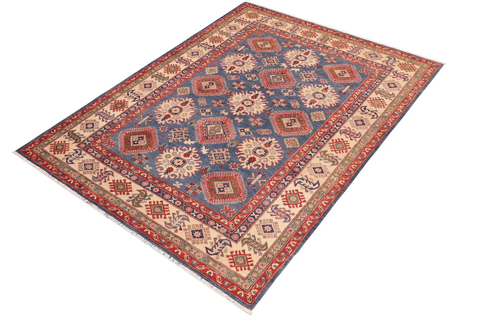 1990s 1990s Vintage Rustic Kazak Blue/Ivory Wool Rug - 6'0" X 8'8" - 2