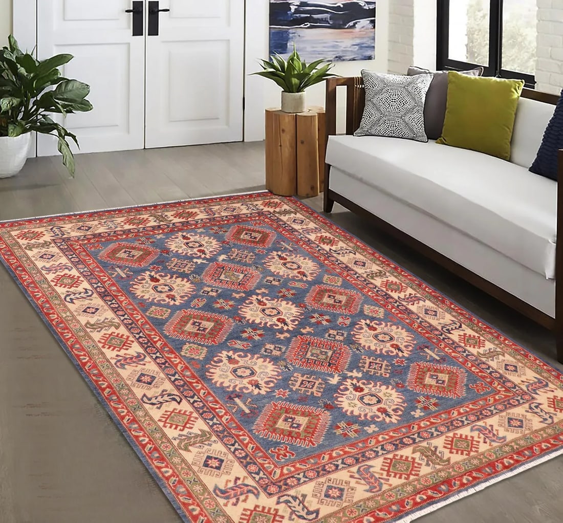 1990s 1990s Vintage Rustic Kazak Blue/Ivory Wool Rug - 6'0" X 8'8" - 3