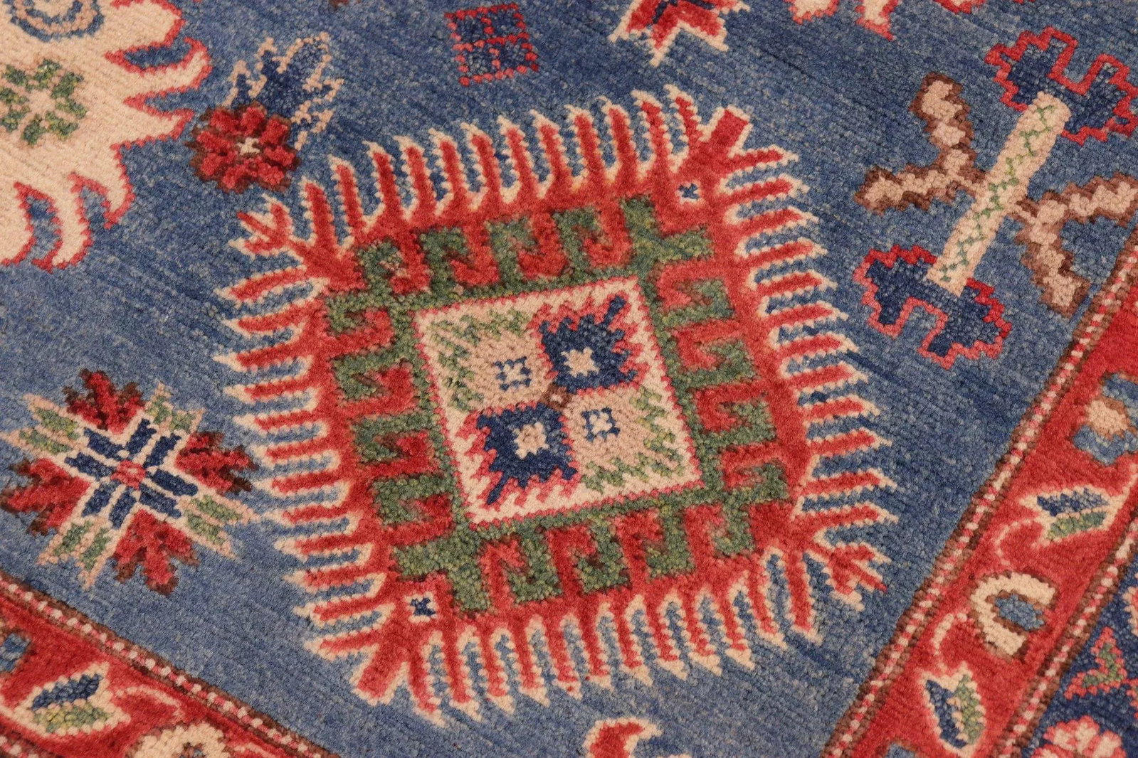 1990s 1990s Vintage Rustic Kazak Blue/Ivory Wool Rug - 6'0" X 8'8" - 7