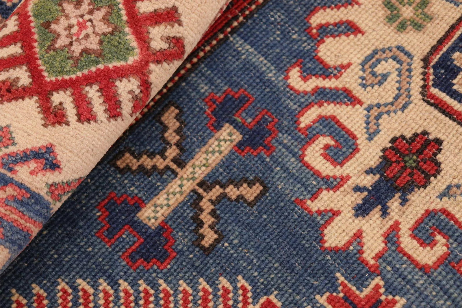 1990s 1990s Vintage Rustic Kazak Blue/Ivory Wool Rug - 6'0" X 8'8" - 8
