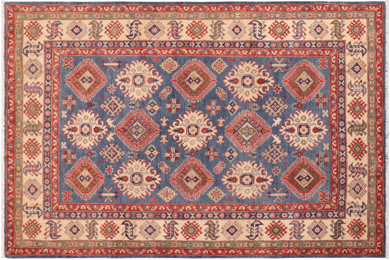1990s 1990s Vintage Rustic Kazak Blue/Ivory Wool Rug - 6'0" X 8'8" - 9