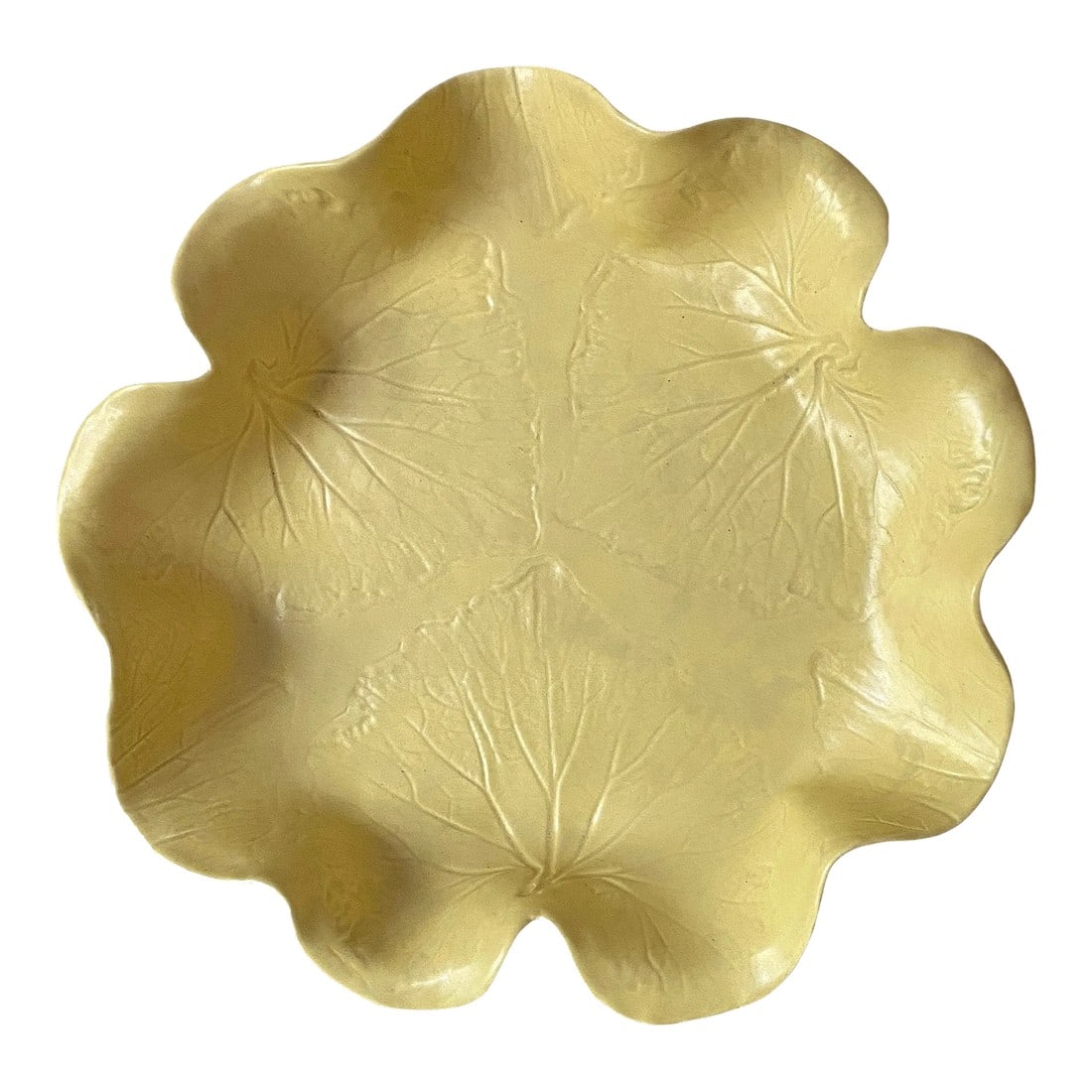1970s Original Pat Young Yellow Leaf Ware Plate Platter Signed With Decal: Gorgeous soft yellow matte glaze Pat Young Leaf Platter. Made by hand in Florida by the potter circa 1970, with ruffled edges and imprints of tree leaves. In the manner and of the era of Dodie Thayer.