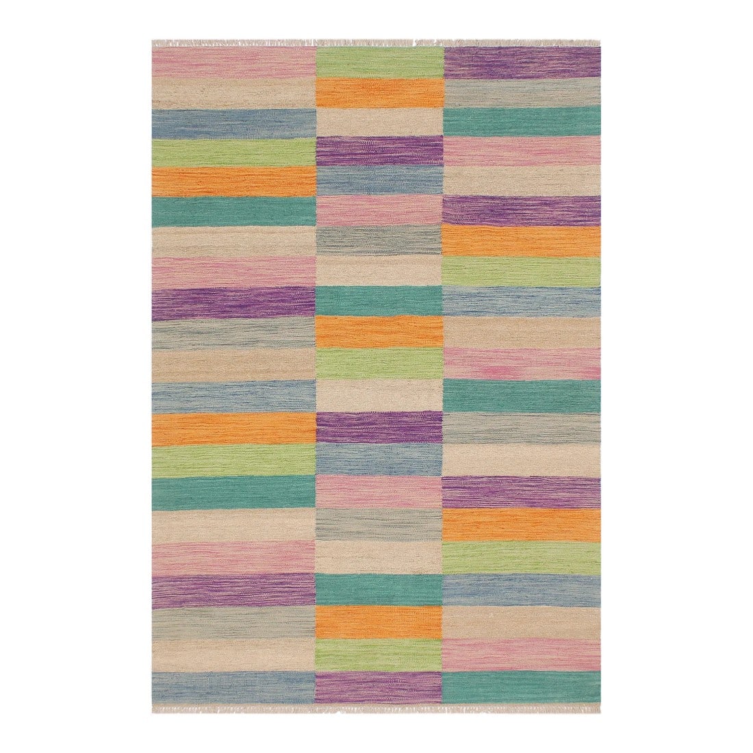 Kilim Blue Brown Wool Rug - 5'0" X 6'8": Add a touch of elegance to your home with this casual chic hand woven Tribal Kilim wool rug. Constructed on a loom by Nomad Turkman people with hand-spun wool and 100% Natural Vegetable dyes these bea