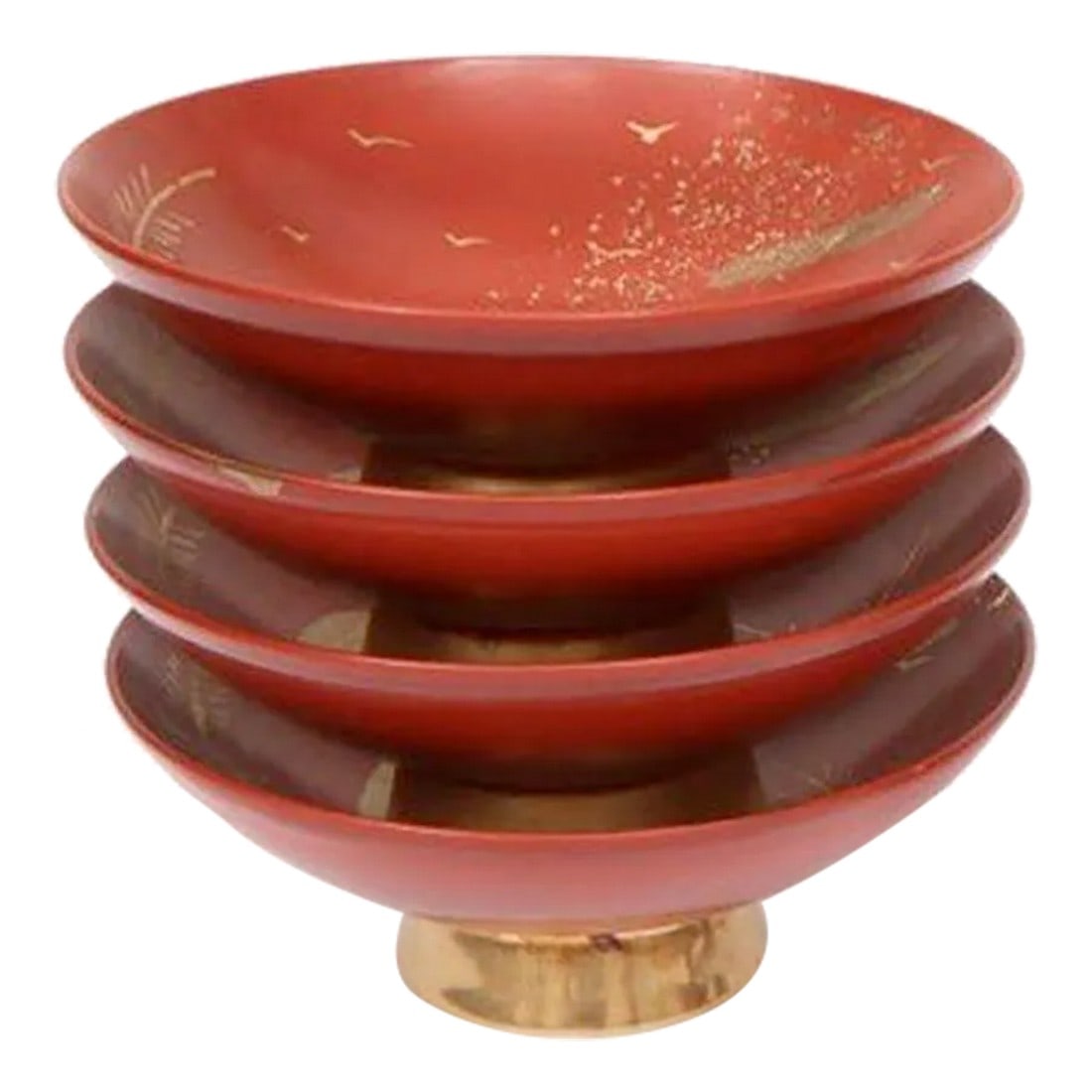 2019 Japanese Red and Gold Porcelain Clay Acrylic Bowls by Suizan - Set of 4: Four gorgeous and petite Japanese bowls hand painted in red and pure gold. Each bowl has artist's signature marked. These precious gems are delivering chic, modern and international positive vibes