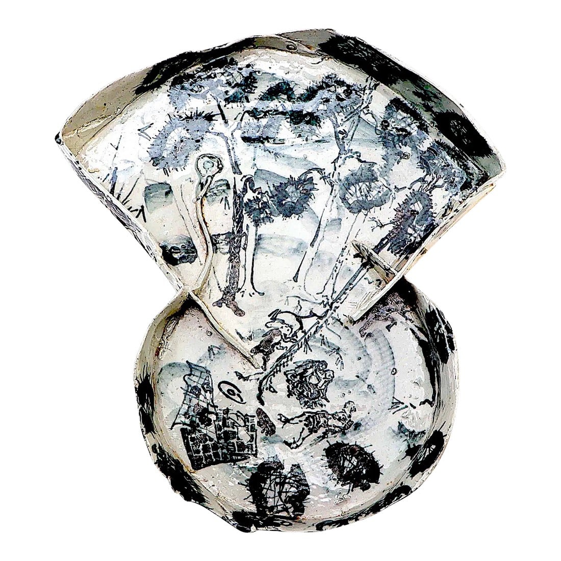Chinoiserie Studio Pottery Tea Tray by Kenneth Russell Ferguson: This masterful piece of brutalist slab porcelain is decorated with modern adaptations of traditional Chinoiserie designs. Created by Kenneth Russell Ferguson - painter, printmaker, sculptor,