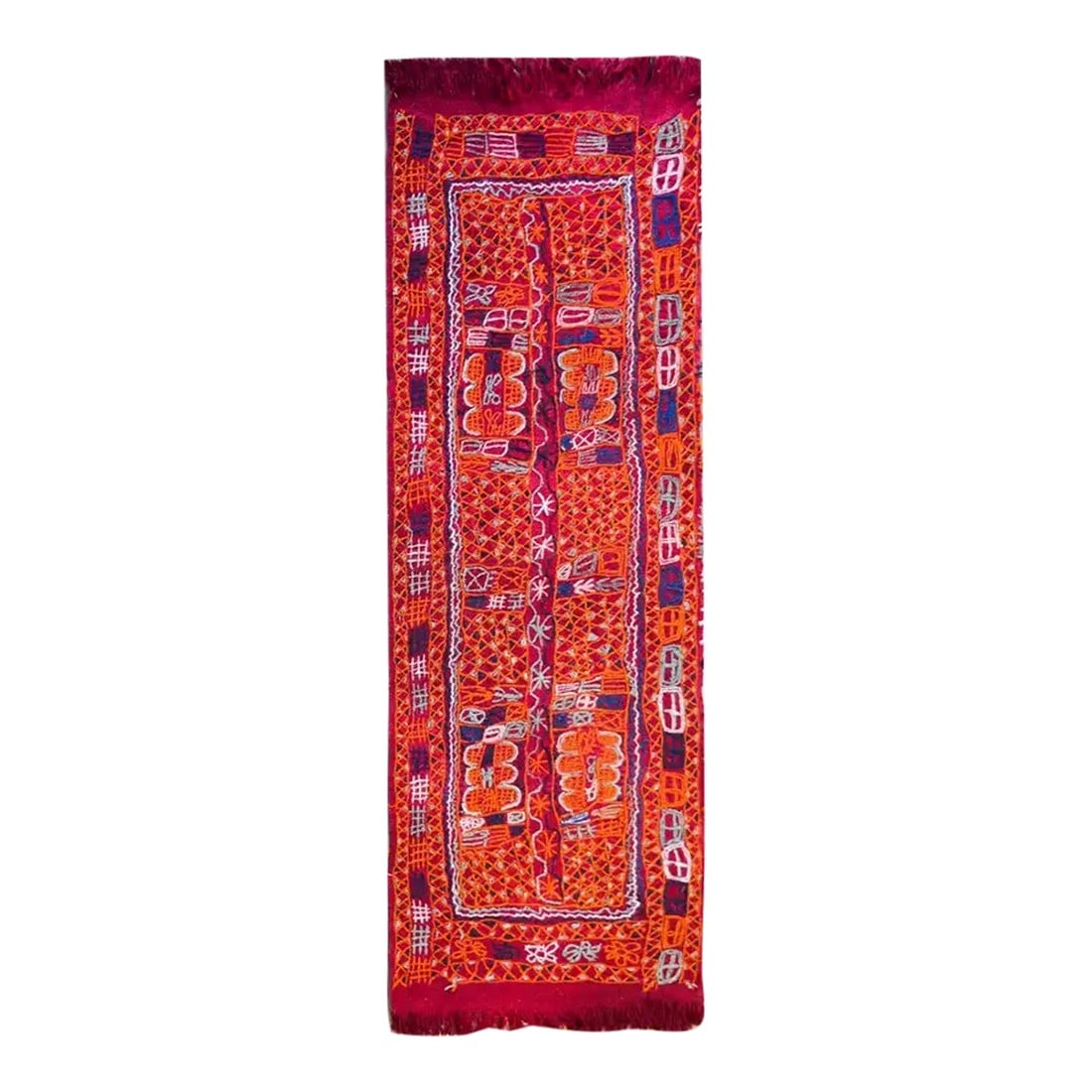 Vintage Late 20th Century Iraqi Embroidered Panel: A striking late 20th century Iraqi handwoven crimson wool panel with all-over embroidered geometric patterns stitched in brilliant orange, indigo, white, and gray cotton thread. Condition: Alterations