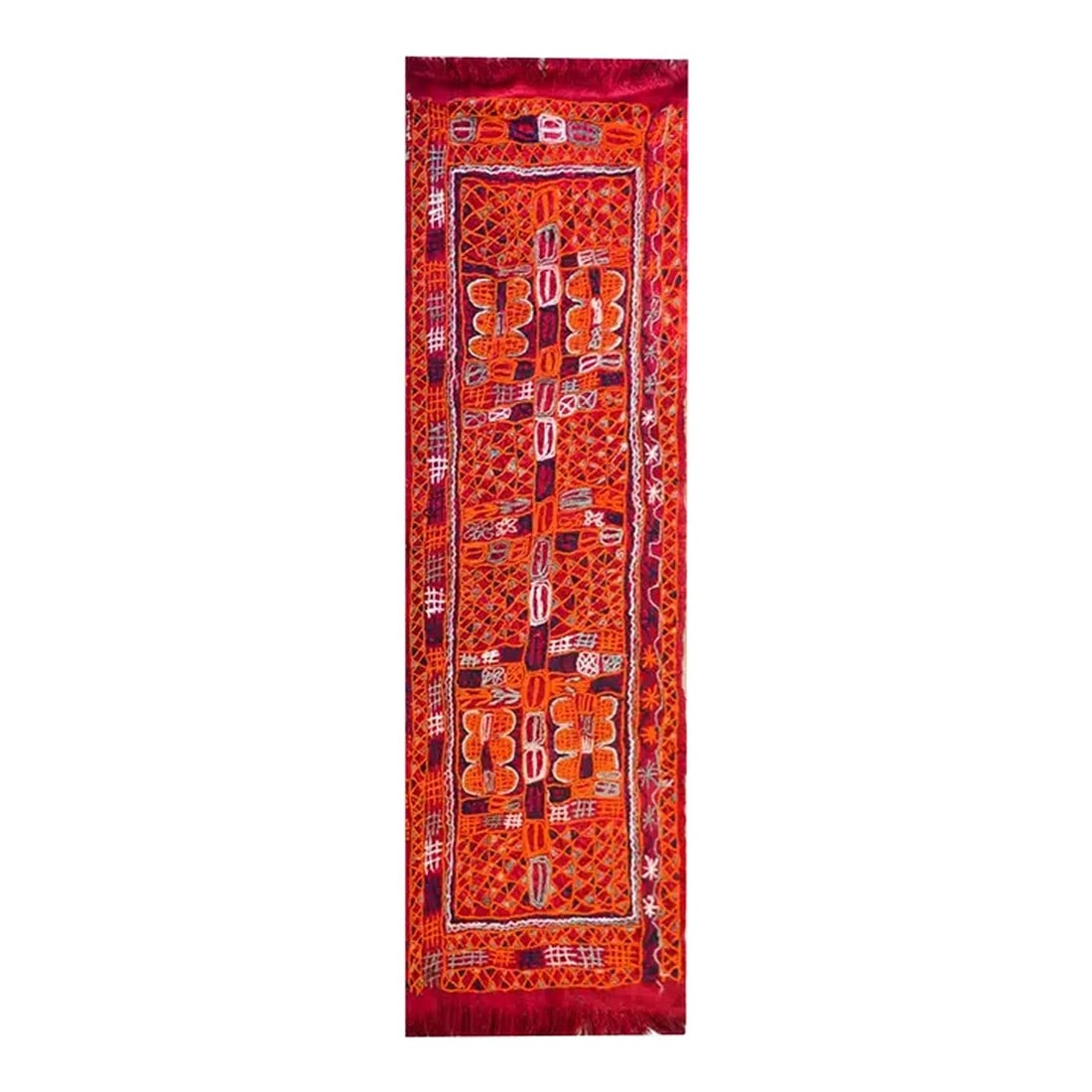 Vintage Late 20th Century Iragi Embroidered Panel: A striking late 20th century Iraqi handwoven crimson wool panel with all-over embroidered geometric patterns stitched in brilliant orange, indigo, white, and gray cotton thread. Condition: Alterations