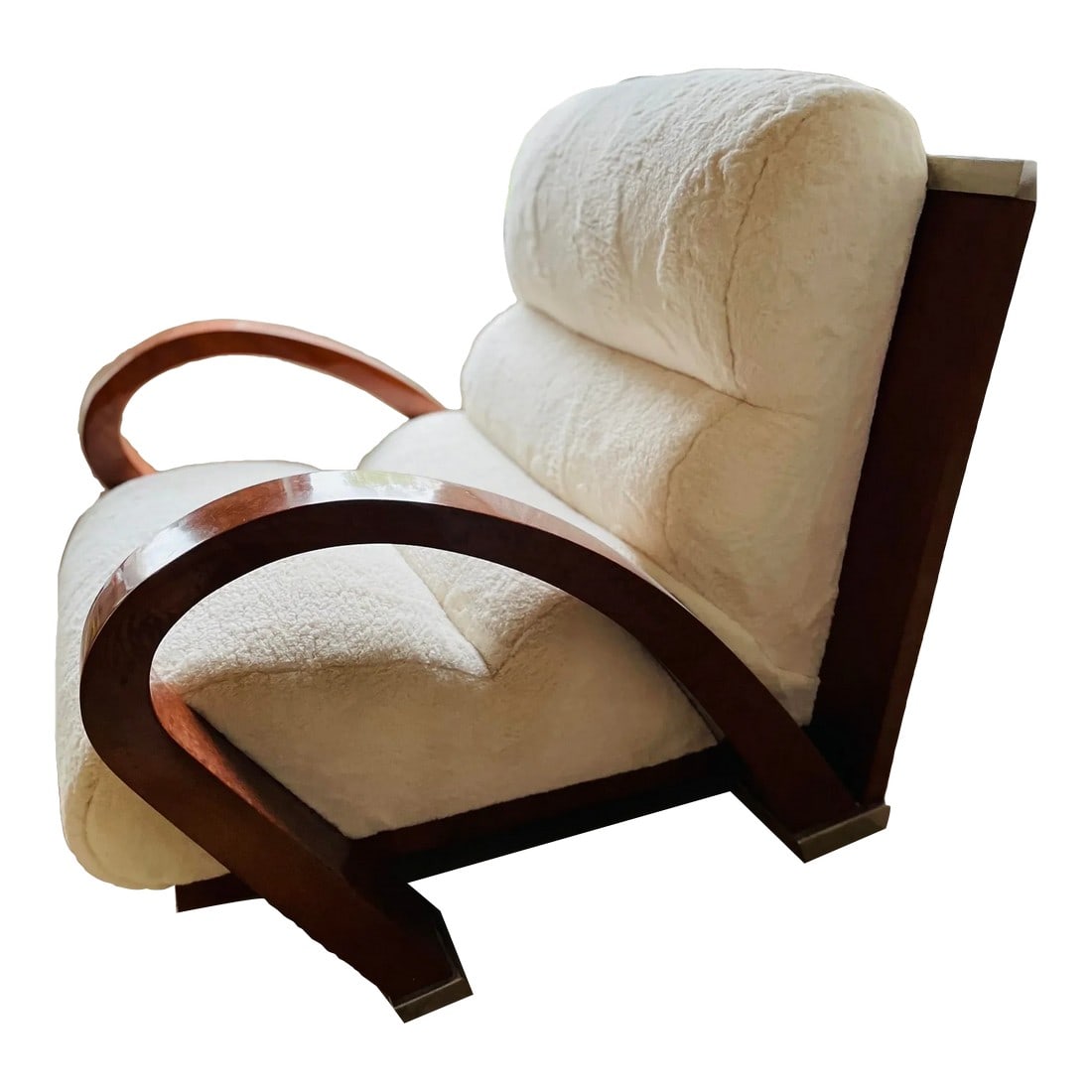 Enrique Garcel for Pace Lounge Chair: A stunning 1980s wood and fabric spacious lounge chair designed by Enrique Garcel for Pace. The chair has been reupholstered in a cream-colored faux fur Kravet fabric. Condition: Alterations: