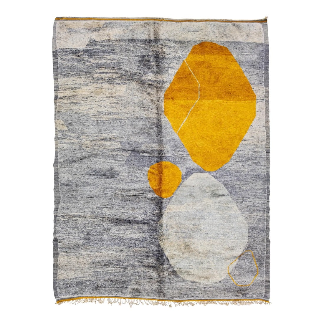 Abstract Modern Moroccan Handmade Gray Wool Rug: Beautiful Moroccan hand-knotted wool rug with a gray field. This Modern rug has yellow accent color and beige fringes in a gorgeous abstract design. This rug measures: 11' x 14'. Our rugs are professi