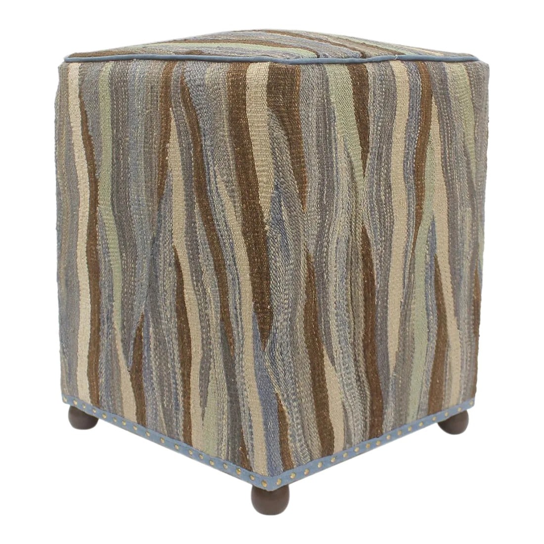 Boho Chic Handmade Kilim Upholstered Ottoman: Chic handmade ottoman crafted using wood and upholstered using hand-woven kilim wool rug is a multi-purpose fashion pouf which will add dimension, color and style to your decor. Inspired by geometric