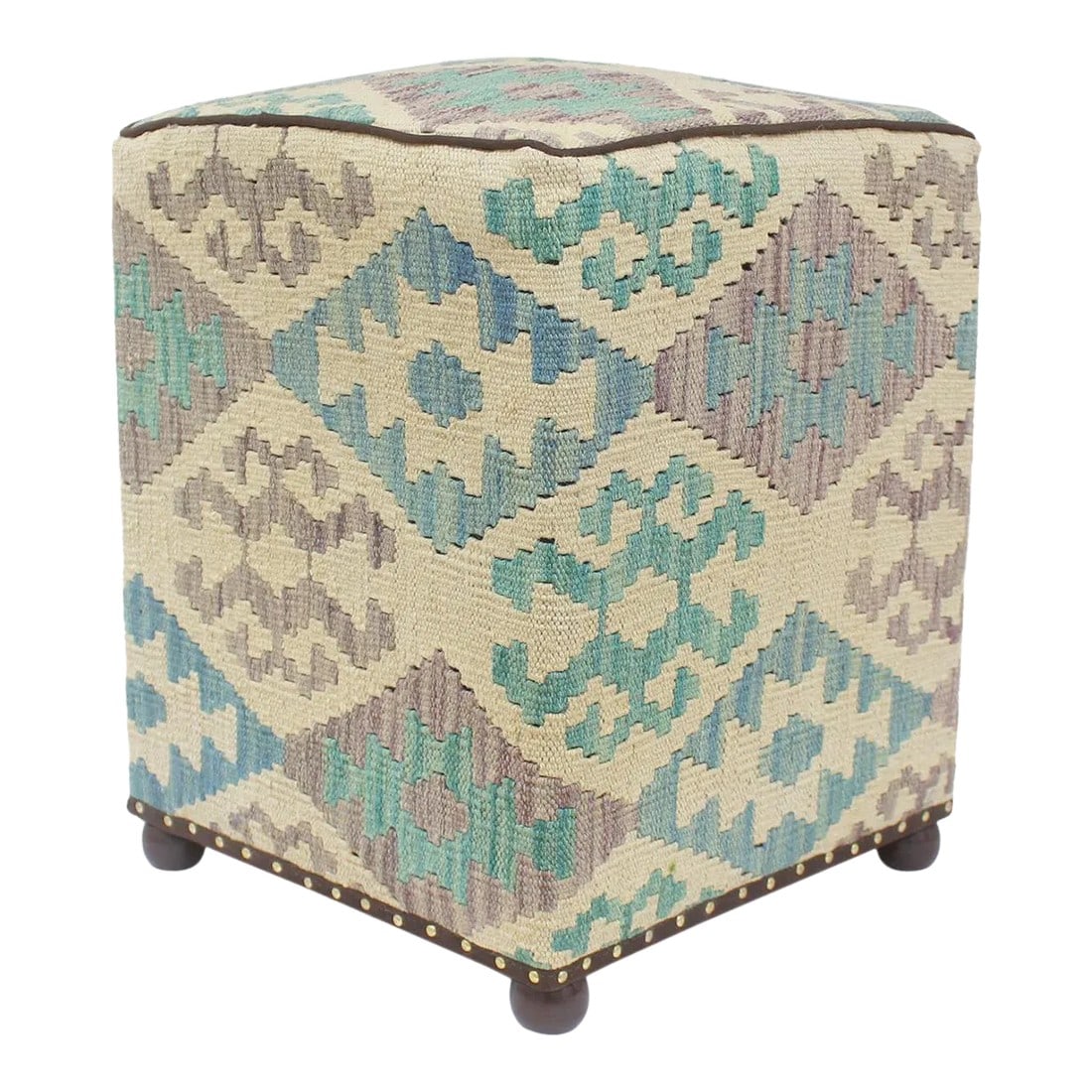 Boho Chic Handmade Kilim Upholstered Ottoman: Chic handmade ottoman crafted using wood and upholstered using hand-woven kilim wool rug is a multi-purpose fashion pouf which will add dimension, color and style to your decor. Inspired by geometric
