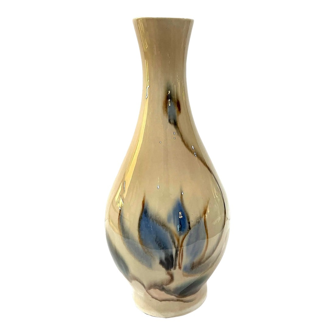 F. J. Von Tury Mid-Century Modern Studio Porcelain Tall Bulb Vase: This tall bulb vase is a rare large work by one of the twentieth century's master potters - F. J. Von Tury. Hand thrown in porcelain it is hand-decorated with a blue and brown blossoms and leaves on