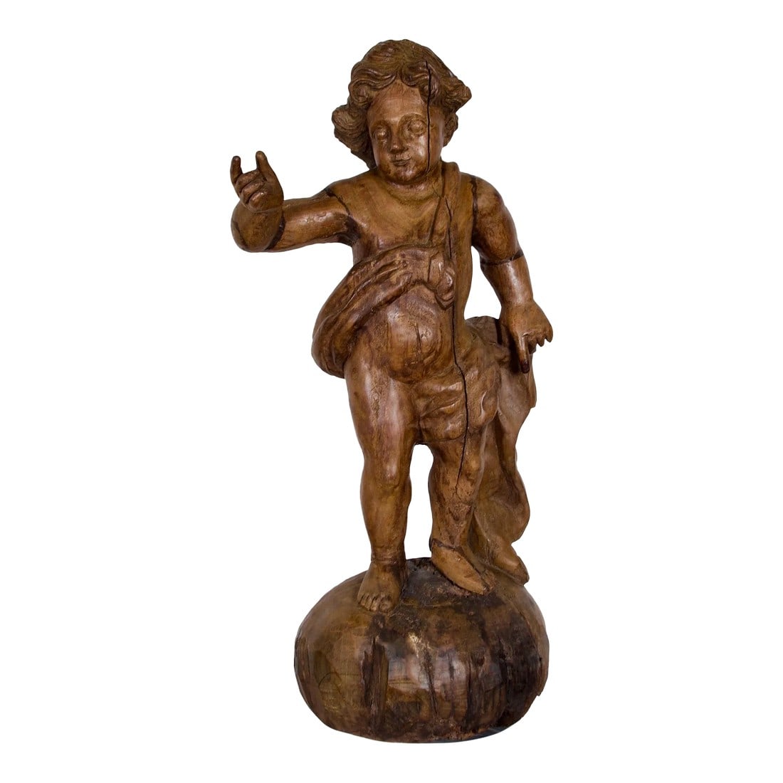 Antique Italian Wood Carved Angel: A lovely angel, his right hand extended as if to touch something or hold something. He appears very calm and peaceful, clothed in a partial shroud which is draped over his shoulder and flows and