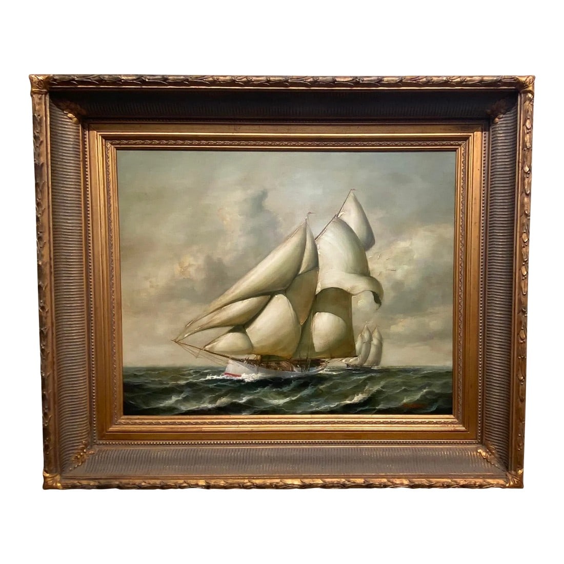 1970s "Cloud Runner" Oil Painting by Laurent: A striking original maritime oil painting titled Cloud Runner by French artist Jean Michel Laurent (1898–1988), depicting a dramatic full-rigged sailing vessel cutting through rolling seas