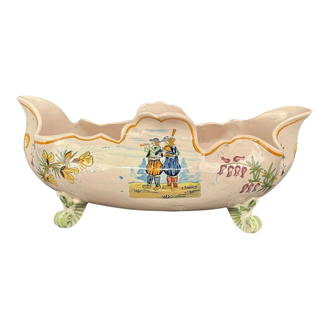1920' S Henriot Quimper Faience Footed Jardiniere: A good faience jardiniere from Henriot Quimper, depicting two musicians on one side and the coat of arms of Bretagne on the other with a fleur de lis on each end. In good condition with minor wear.